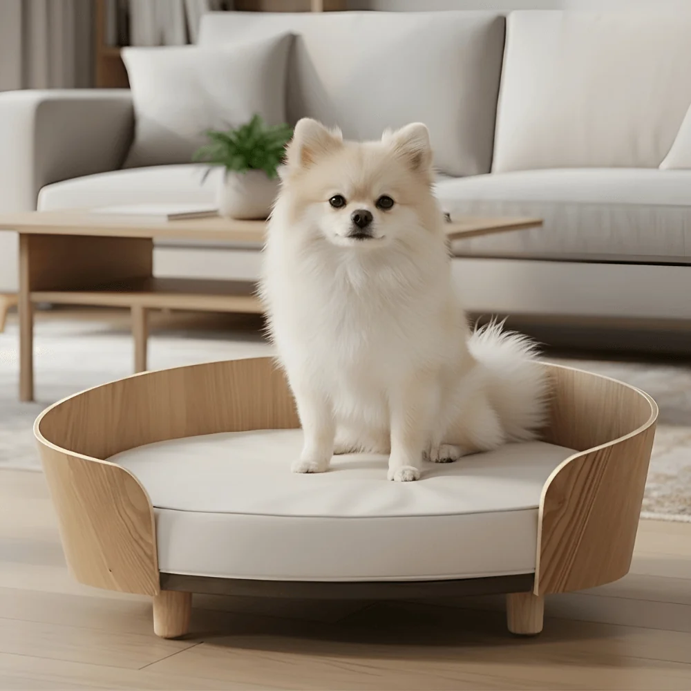 Elevated Wooden Dog Bed �C Thick Cushion, Semi-Enclosed Design & Non-Slip Legs