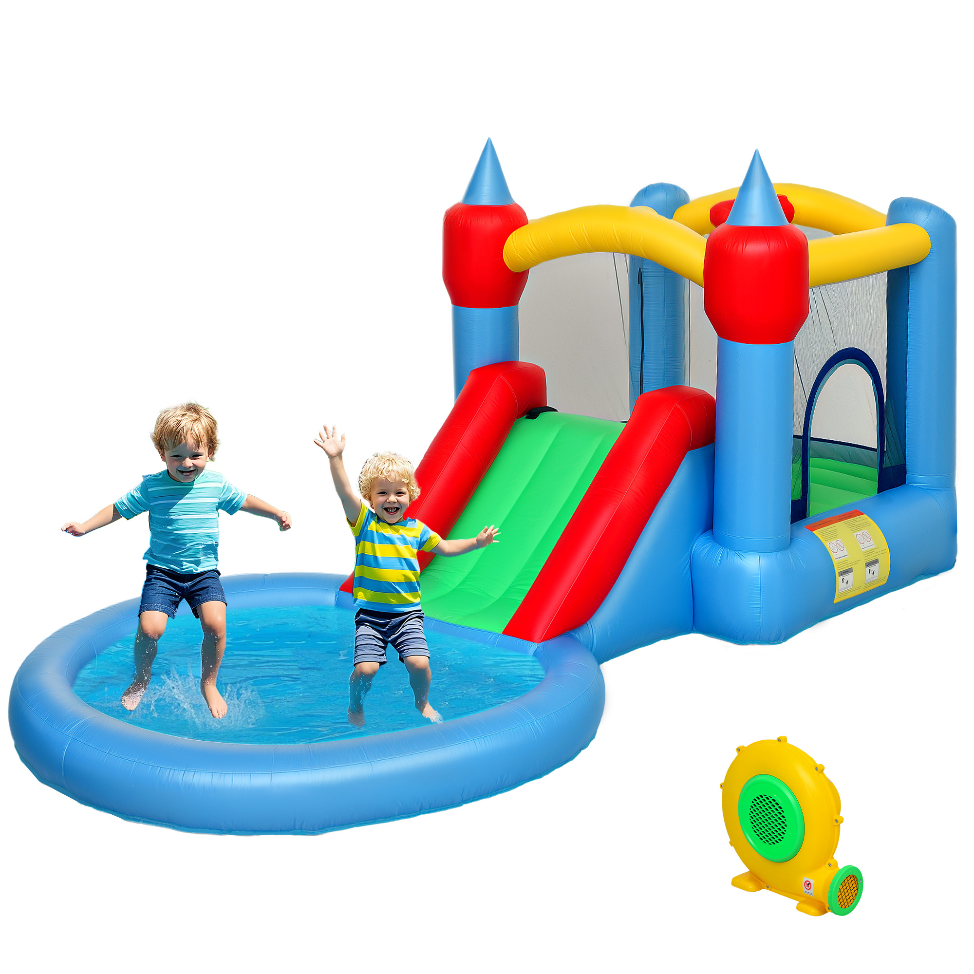 AIYAPLAY Aufblasbares Schloss 4-in-1 mit Rutsche, Basketballkorb, Bällebad, Gebläse 370W, 415 x 205 x 190 cm