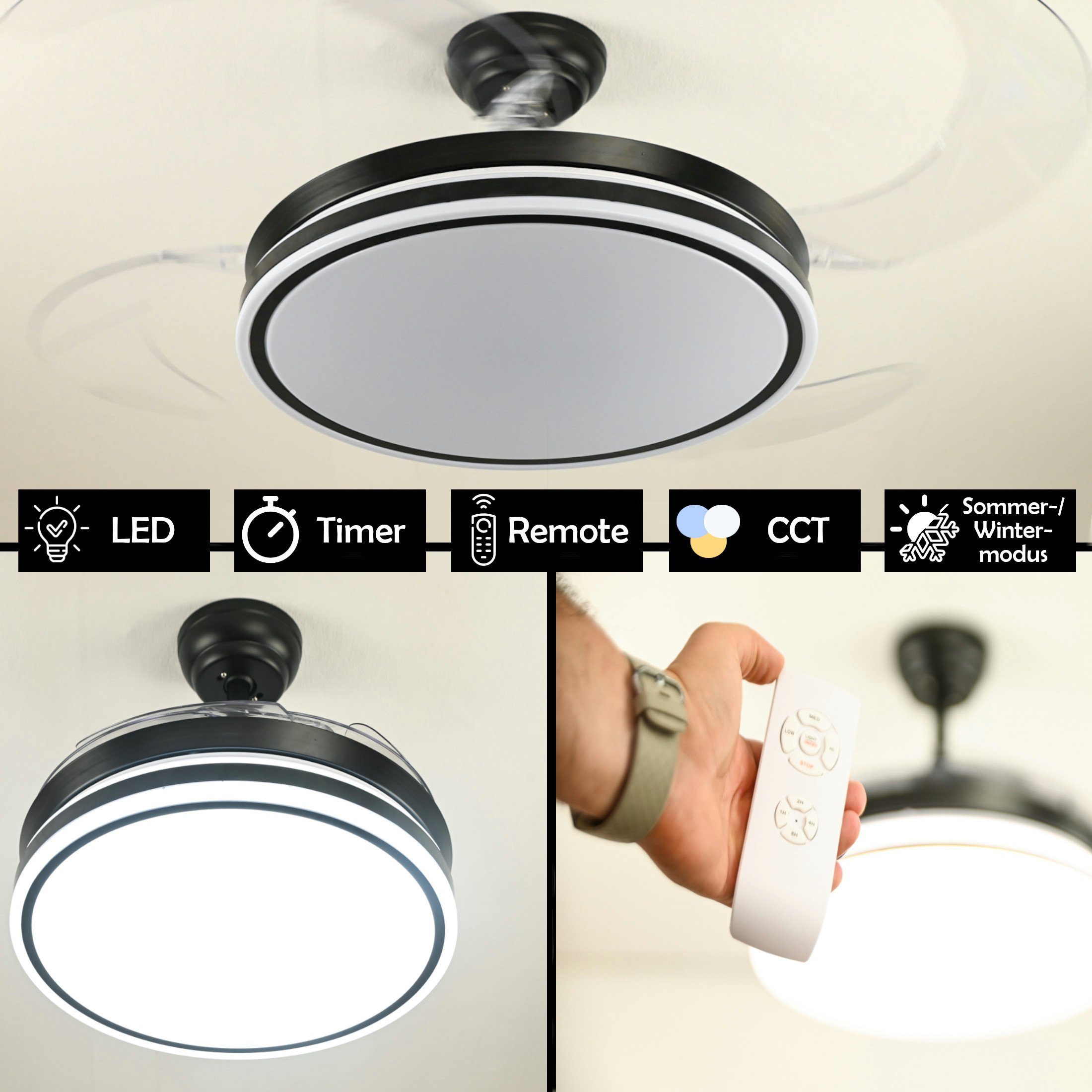 Deckenventilator Deckenlampe, Deckenlüfter mit LED Beleuchtung & Fernbedienung, Timer