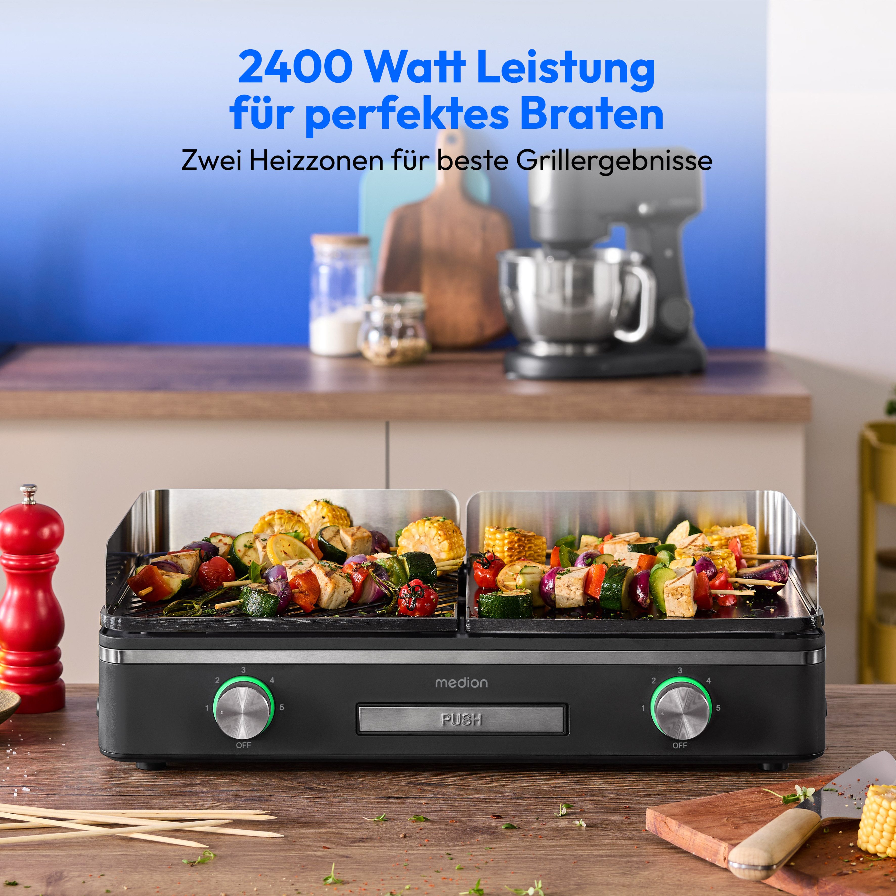 Tischgrill MD12027, mit Dual-Zonen-System, 2,400 Watt, 2 abnehmbare Platten