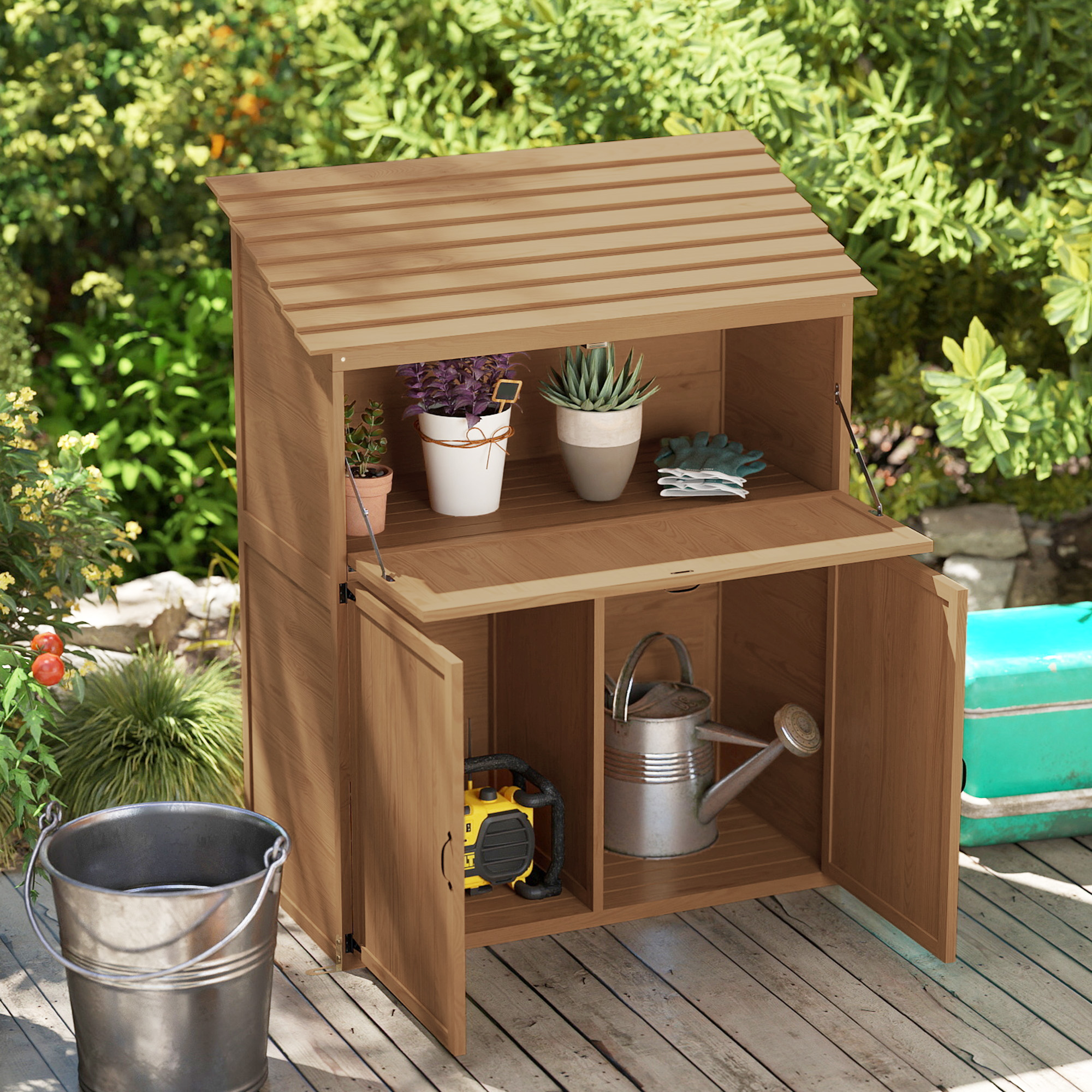 Tuinopbergkast met Uitklapbare Tafel, Werkzeugschuur met Dak 110 x 54 x 136 cm, Vurenhout, Bruin
