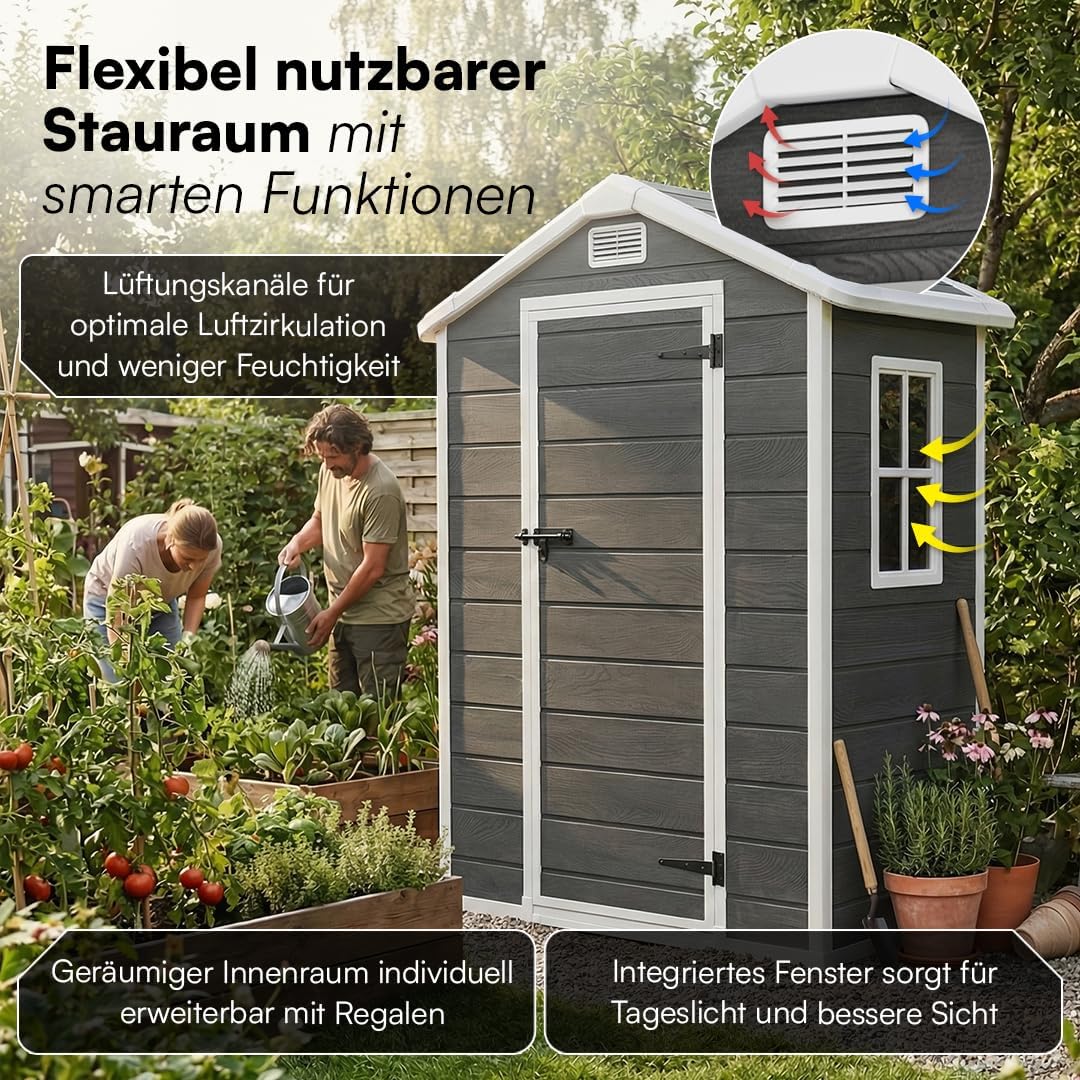 STEELSØN Novara Gerätehaus – Gartenschuppen mit Satteldach & Fenster – Gartenhaus 202x103x134 cm (HxTxB) – Geräteschuppen aus Kunststoff in Dunkelgrau – Gartenhütte wetterfest & rostfrei – Schuppen