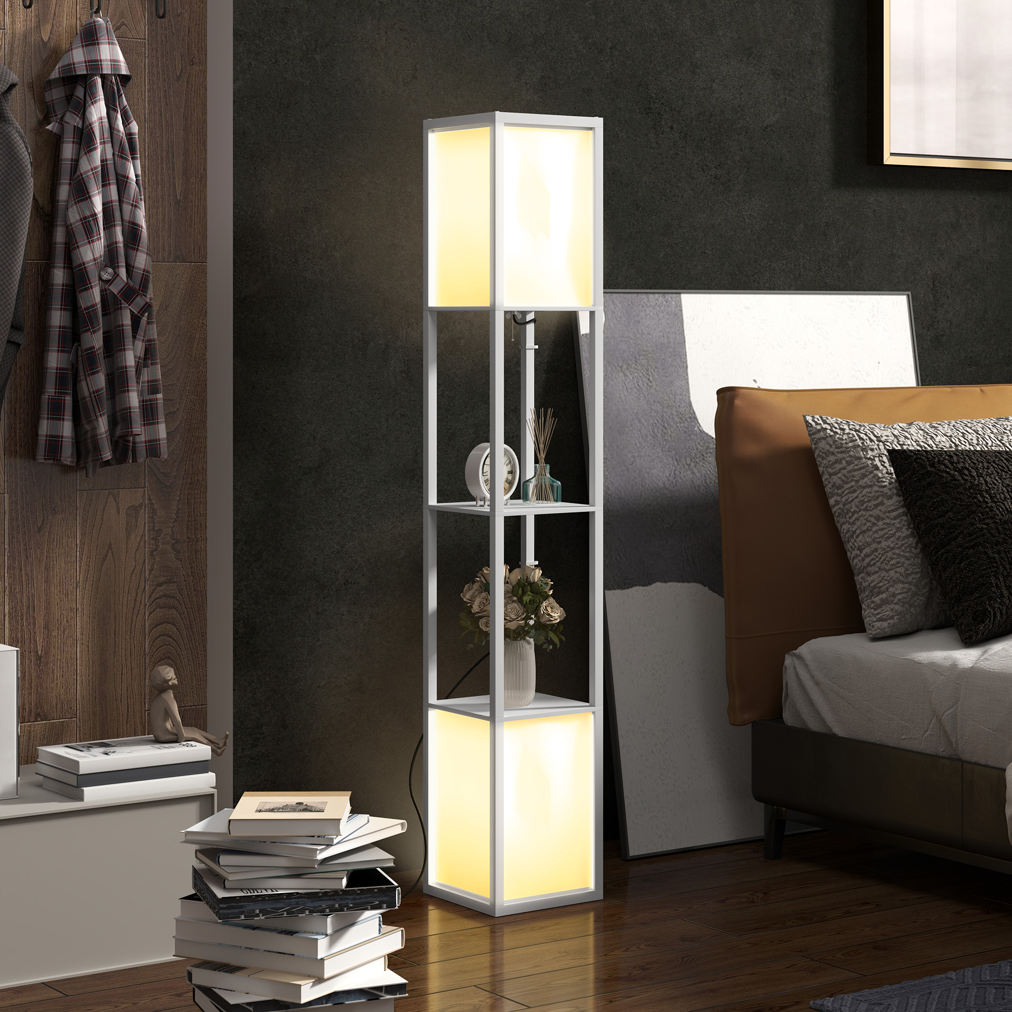 HOMCOM Stehleuchte für das Wohnzimmer, moderne Stehlampe mit Regalen, Stofflampenschirm und doppelte Beleuchtung, Weiß