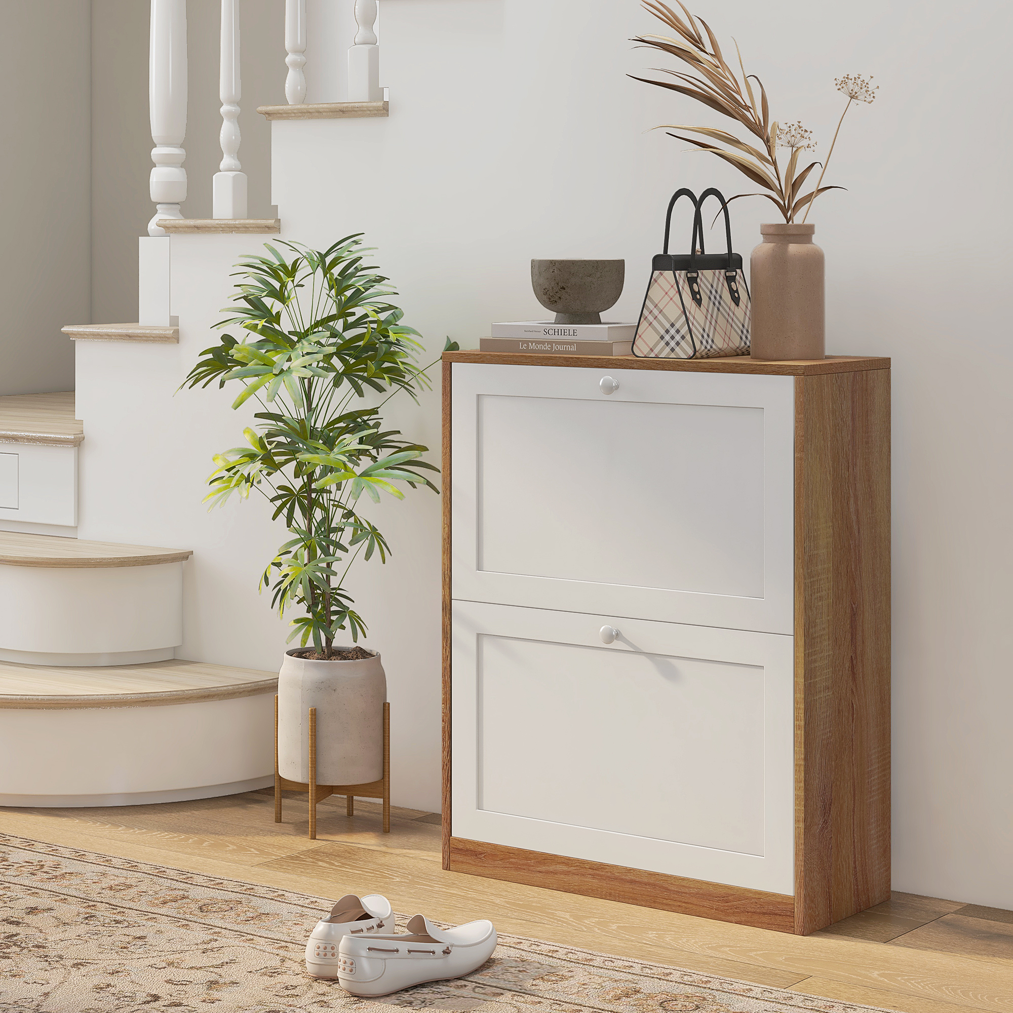 HOMCOM Schuhschrank Slim mit 3 Verstellbaren Regalen auf 2 Ebenen für 12 Paare, aus Spanplatte und MDF, 60x24.5x75.5 cm
