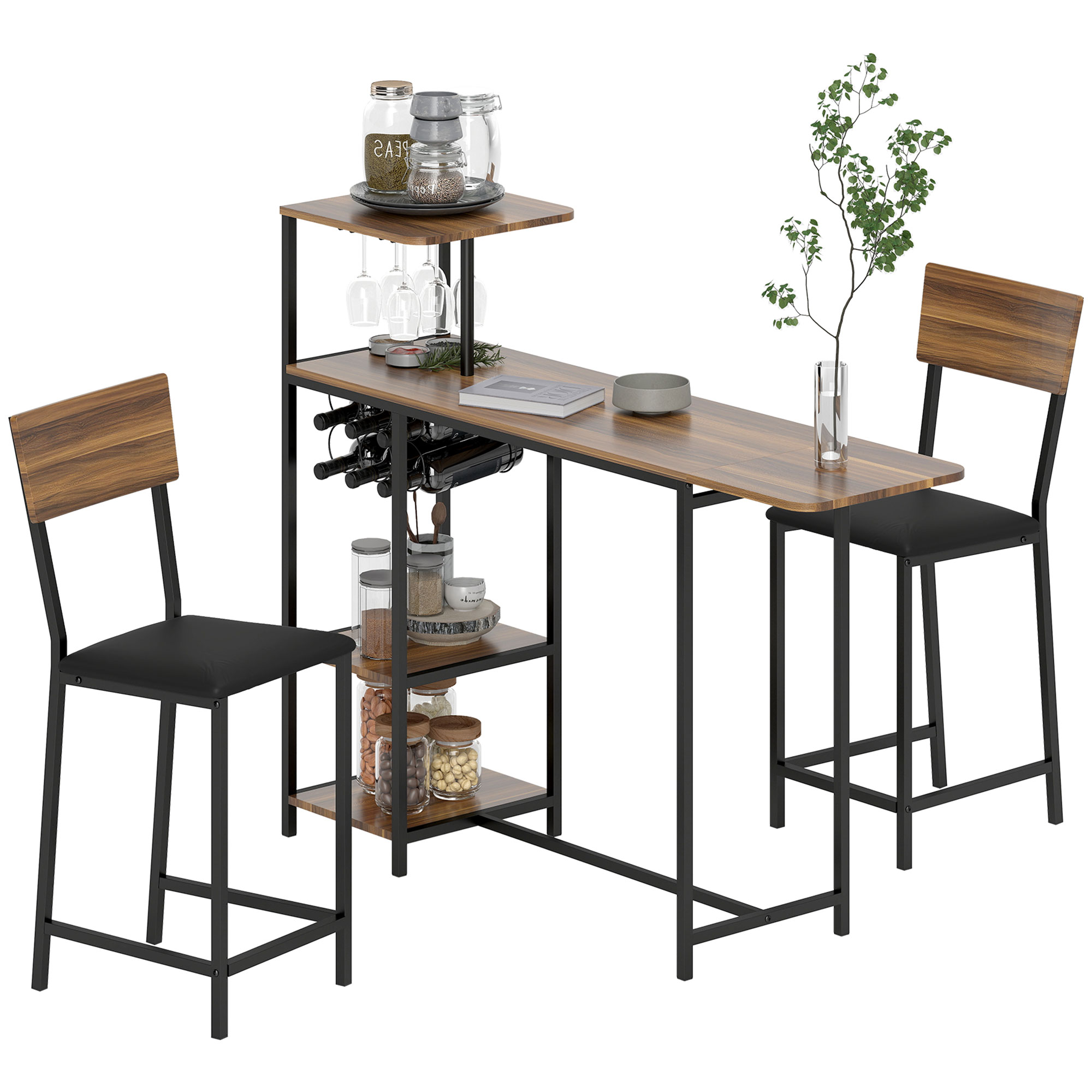 HOMCOM 3-teiliges Bartisch-Set, 1 Bartisch, 2 Stühle, mit Weinregal, Glashalter, Offene Regale, Fußstützen, Braun