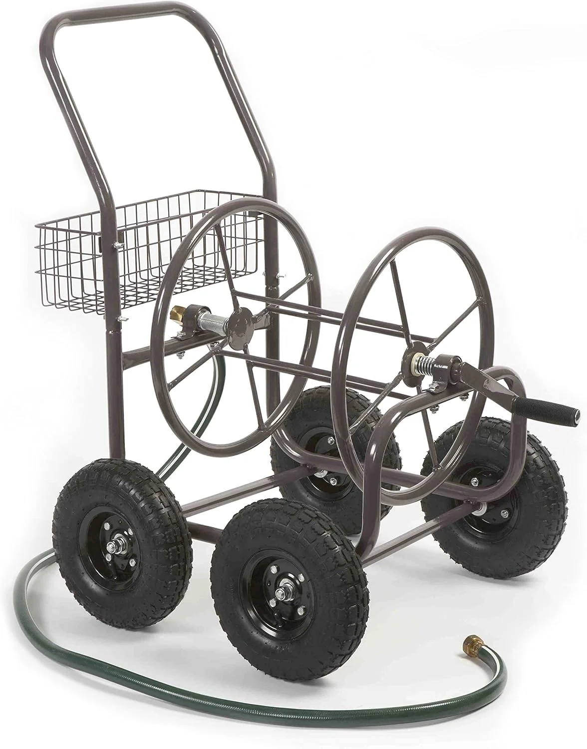 Residential Grade Four Wheel 250 Foot Capacity Steel Frame Water Hose Reel Cart with Basket for Backyard, Garden, or Home, Brown, Bronze