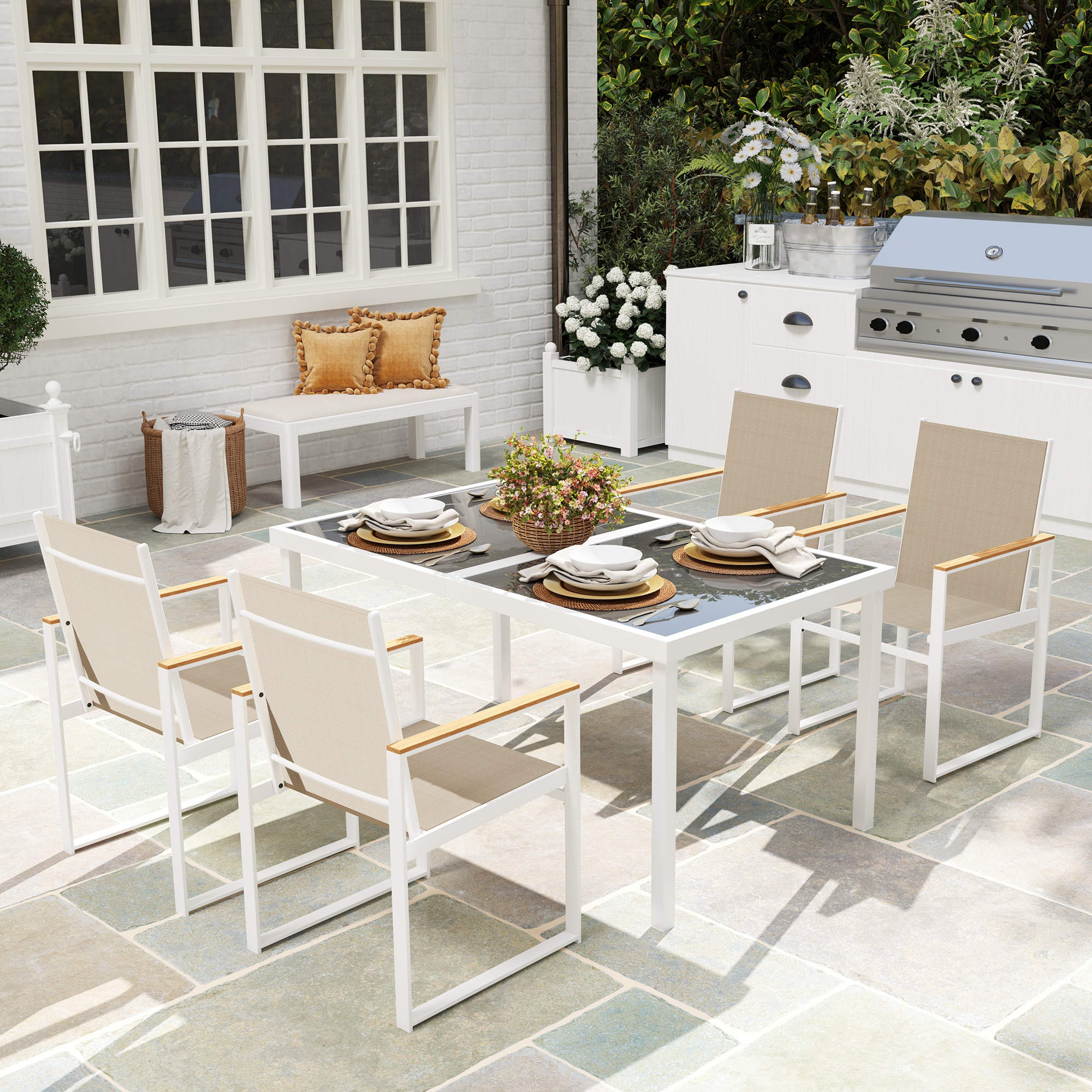 Outsunny 5-teiliges Ess-Set, Outdoor-Tisch aus Hartglas, 4 Stühle, wetterbeständig, Stahlrahmen, Terrassenmöbel, Mehrfarbig
