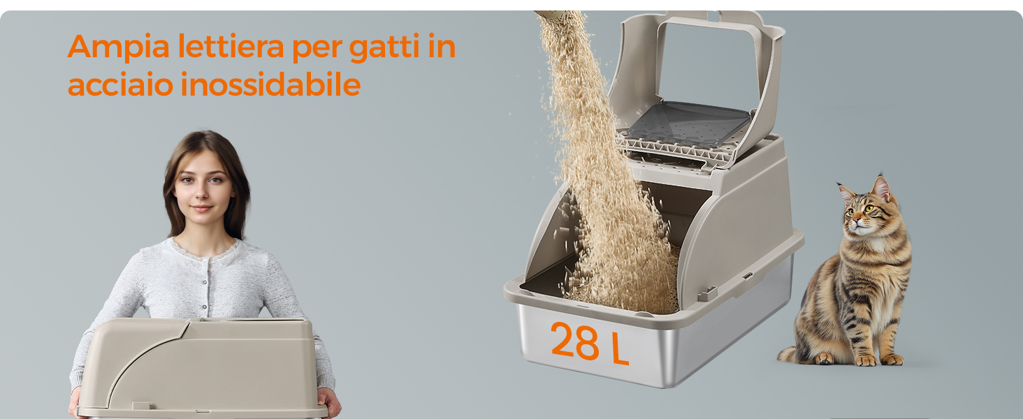 Lettiera per gatti in acciaio inossidabile con lati alti e rampa. Capacità 28 litri. Mostra la lettiera che viene versata, con un gatto soriano nelle