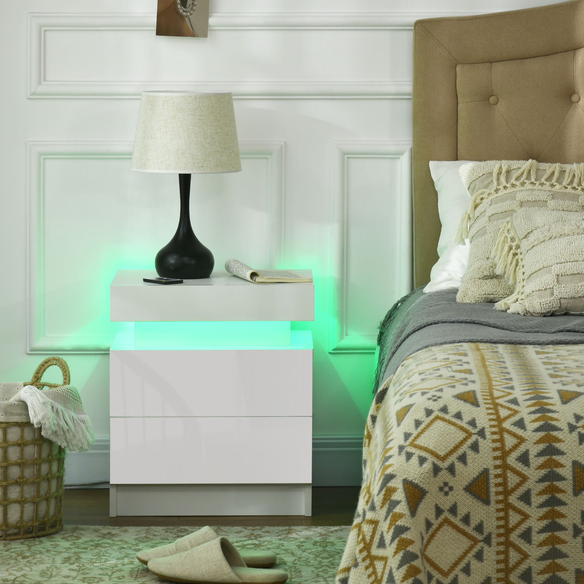 HOMCOM Nachttisch Nachttisch mit RGB-LED-Licht Hochglanzplatte mit 2 Schubladen für Wohnzimmer Schlafzimmer Weiß