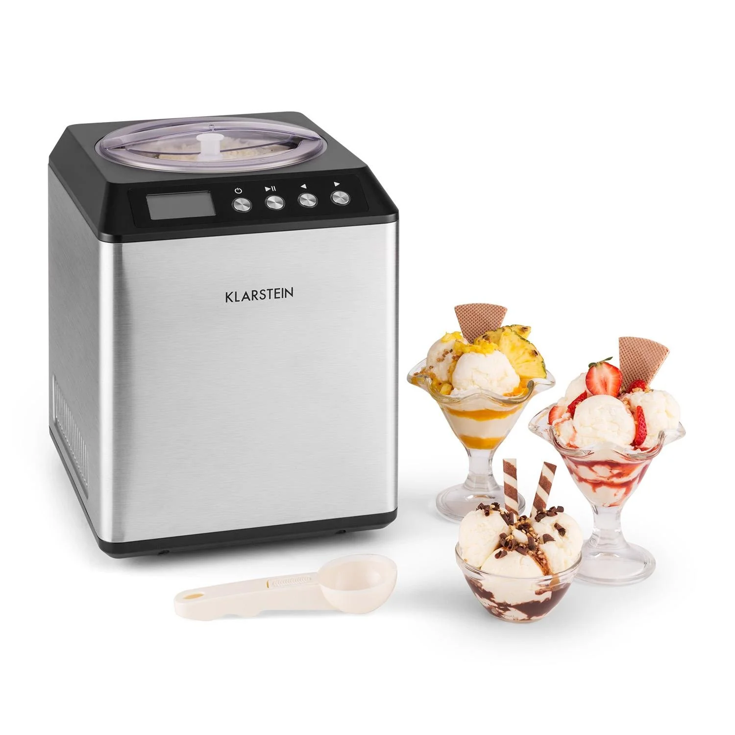 Klarstein Vanilla Sky - macchina per gelato, preparatore di gelato, gelatiera, funzione di mantenimento freddo, display LED, timer, acciaio inox, facile da pulire, 180 watt, capacità 2 litri, colore argento