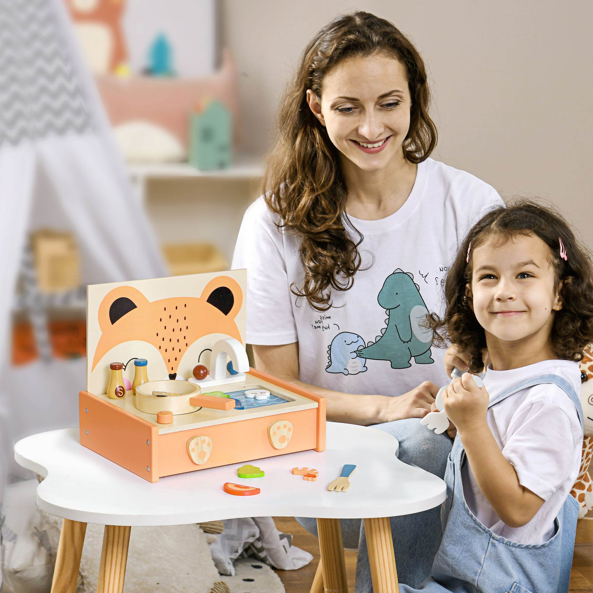 AIYAPLAY Kinder Mini-Küche aus Holz Spielzeug mit 12 Zubehörteilen Pfanne Pfannenwender Gewürzflaschen Obst Gemüse - für 3-5 Jahre -