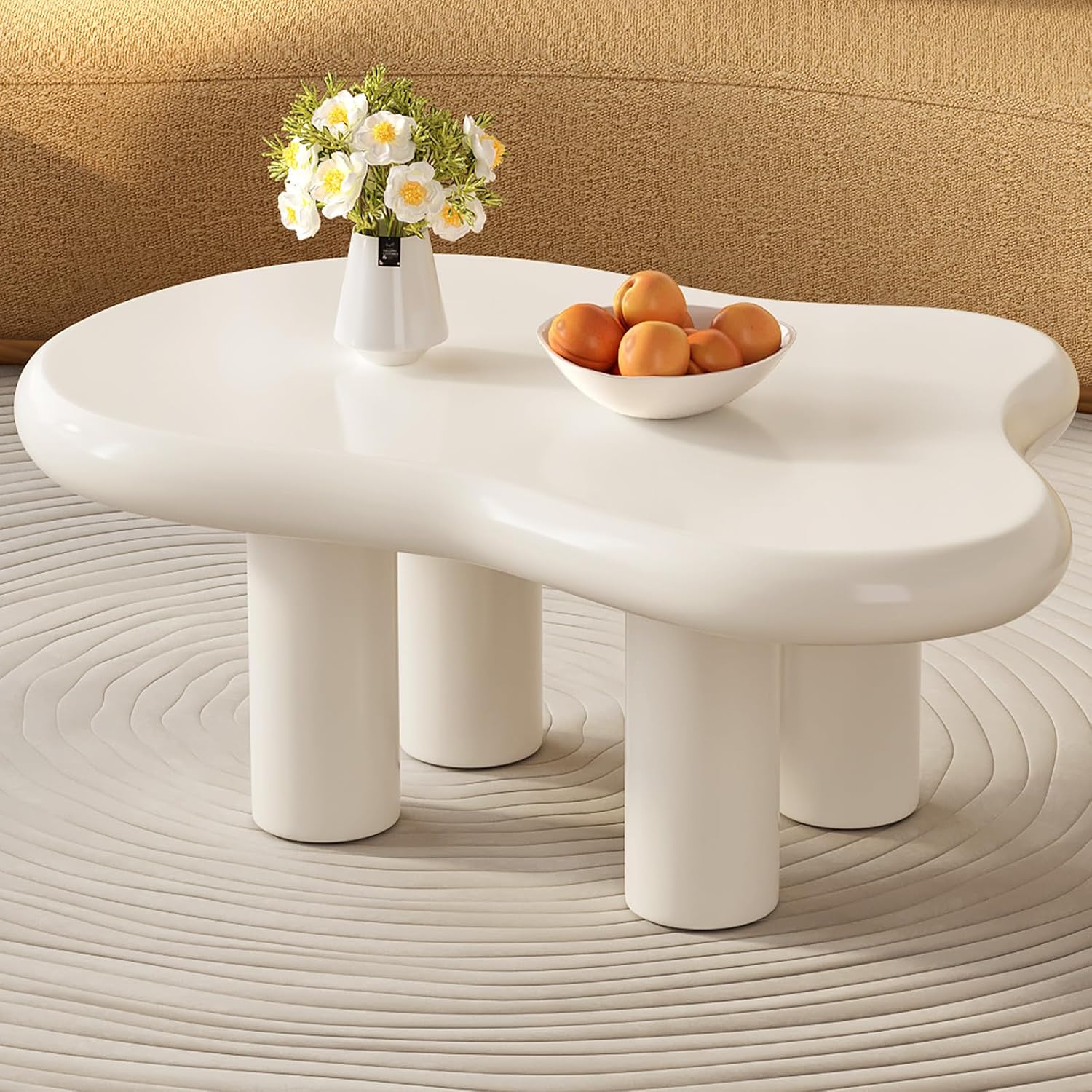Guyii Weißer Kaffeetisch, Cremefarbener Cloud-Design Tisch in moderner Wolkenform für Wohnzimmer, Teetisch, Couchtisch, Sofatisch