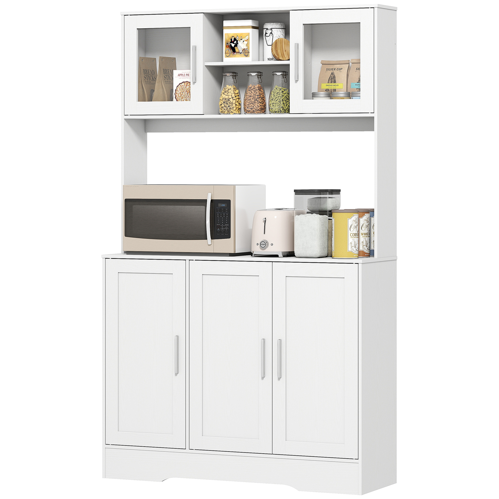 HOMCOM Küchenschrank, Skandinavisches Design, 4 Schränke, verstellbare Regale, Glastüren, offene Fläche, Spanplatte, MDF, Weiß