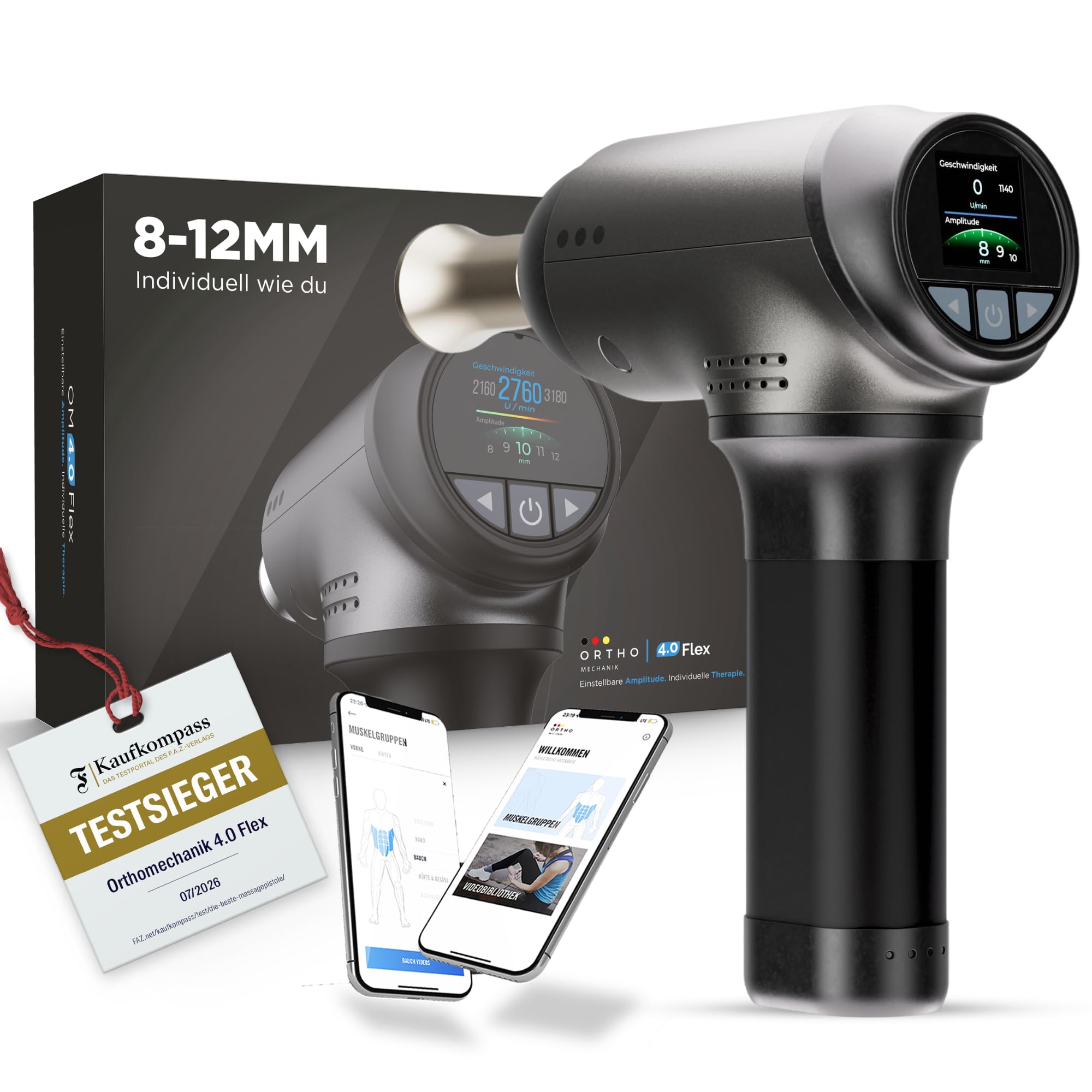 Massagepistole mit variabler Amplitude 8–12 mm und interaktiver App, 8 Aufsätzen und 4000 mAh Akku