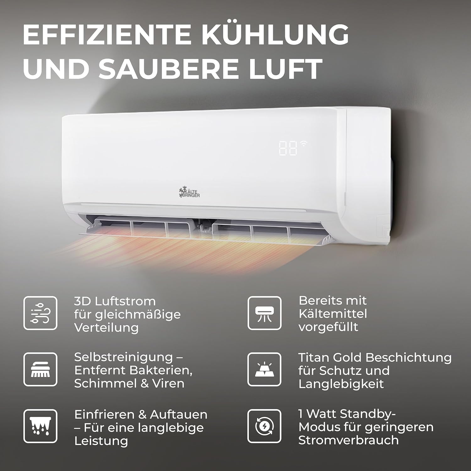 Kältebringer Split Klimaanlage - 9000 BTU (2,6 kW) - Klimagerät mit Heizfunktion, WiFi & App, bis 45qm, sehr leise - Set mit 5m Kupferleitung, Kältemittel R32, Montagematerial, Wandhalterung