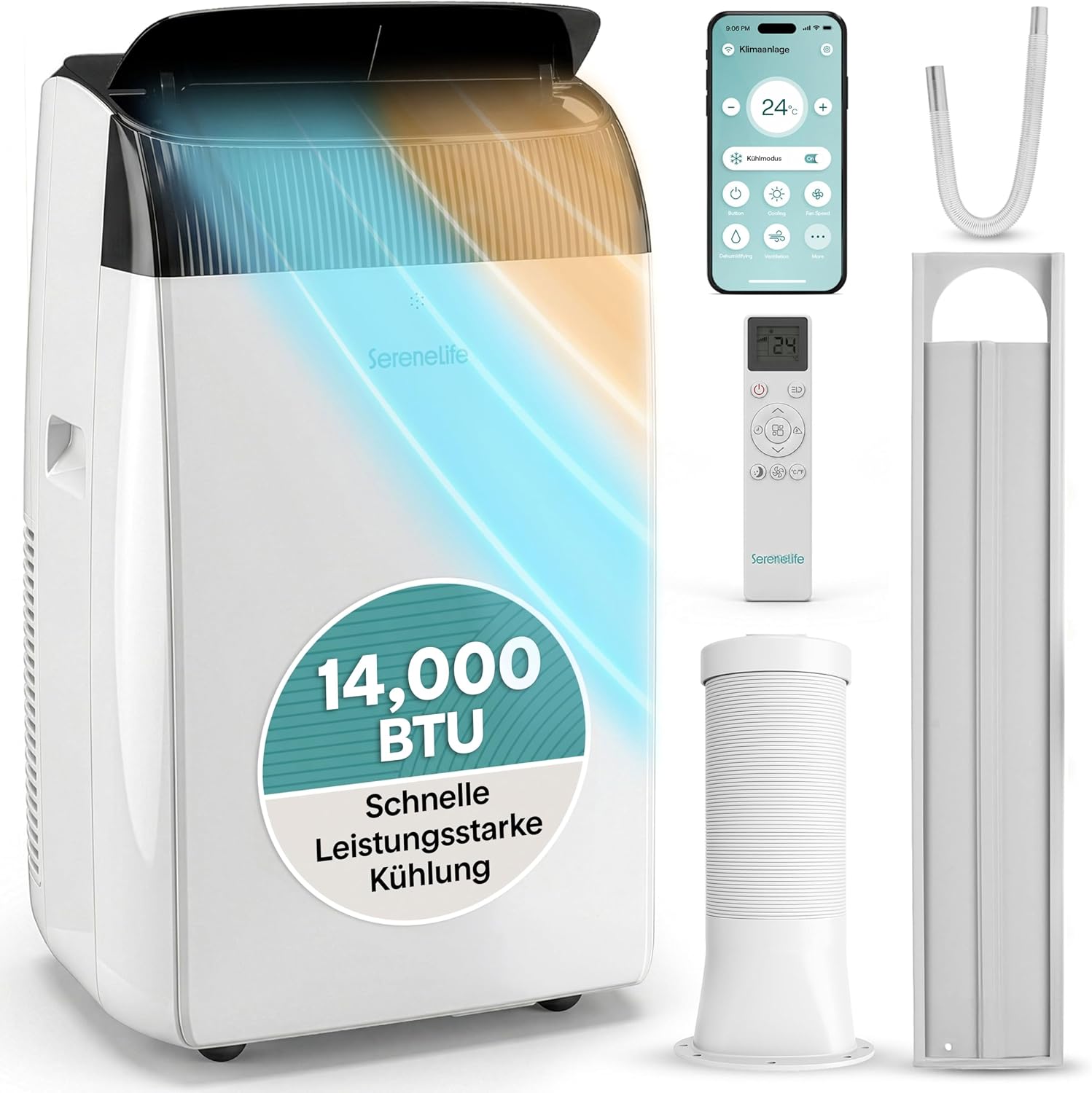 SereneLife Klimaanlage Mobil- mit Abluftschlauch 14000 BTU 2,9kW, 4-in-1 Klimagerät-Kühlen Heizen Ventilieren und Entfeuchten, WLAN- Steuerung, Digitaldisplay, 24h- Timer, bis 45 m²