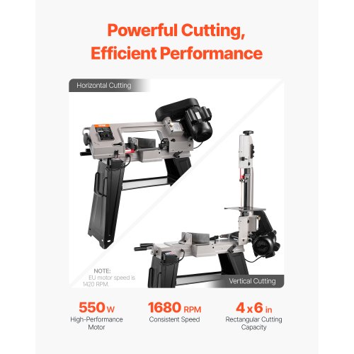 VEVOR Metallbandsäge mit Sockel, rechteckige Schnittkapazität 4 x 6 Zoll, Bügelsäge mit 550 W 220 V Motor, 0–45° Winkeleinstellung, variable Geschwindigkeit, horizontales und vertikales Schneiden für Metall, Holz und Kunststoff