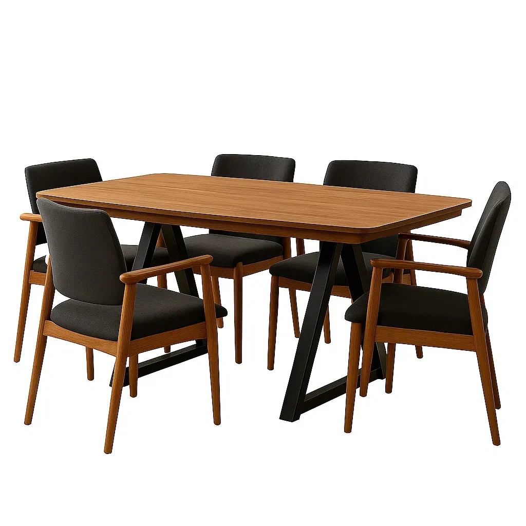 Spisest, 5 sder, tr og stof, brun og sort, rektangulr, fast, 160x85x75 cm bord, 50x55x80 cm stol, indendrs - sJaTG5vphvih