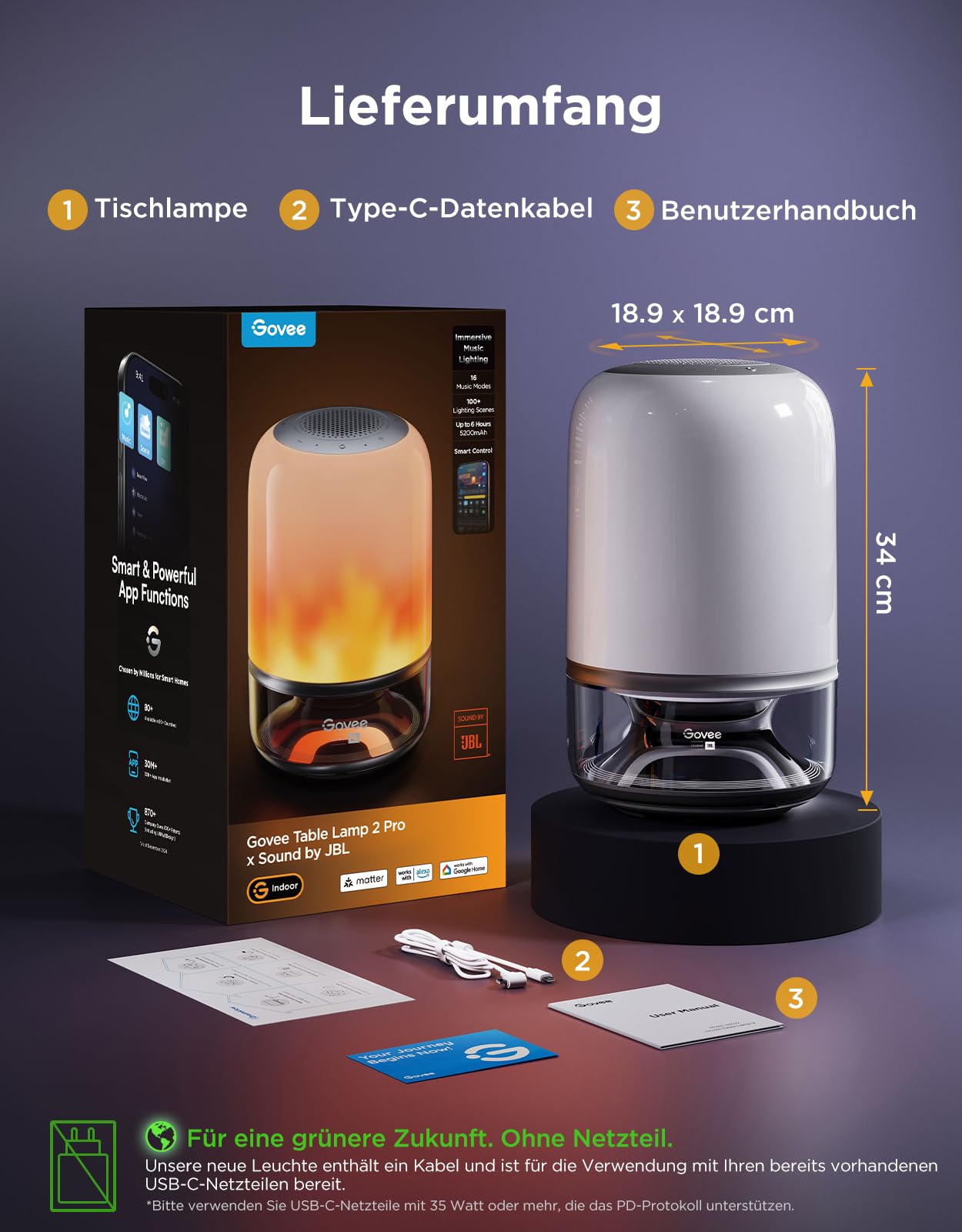 LED Tischlampe mit Lautsprecher RGBIC 600 lm 2700-6500 K 5200 mAh Akku USB-C 16 Musikmodi App-Steuerung