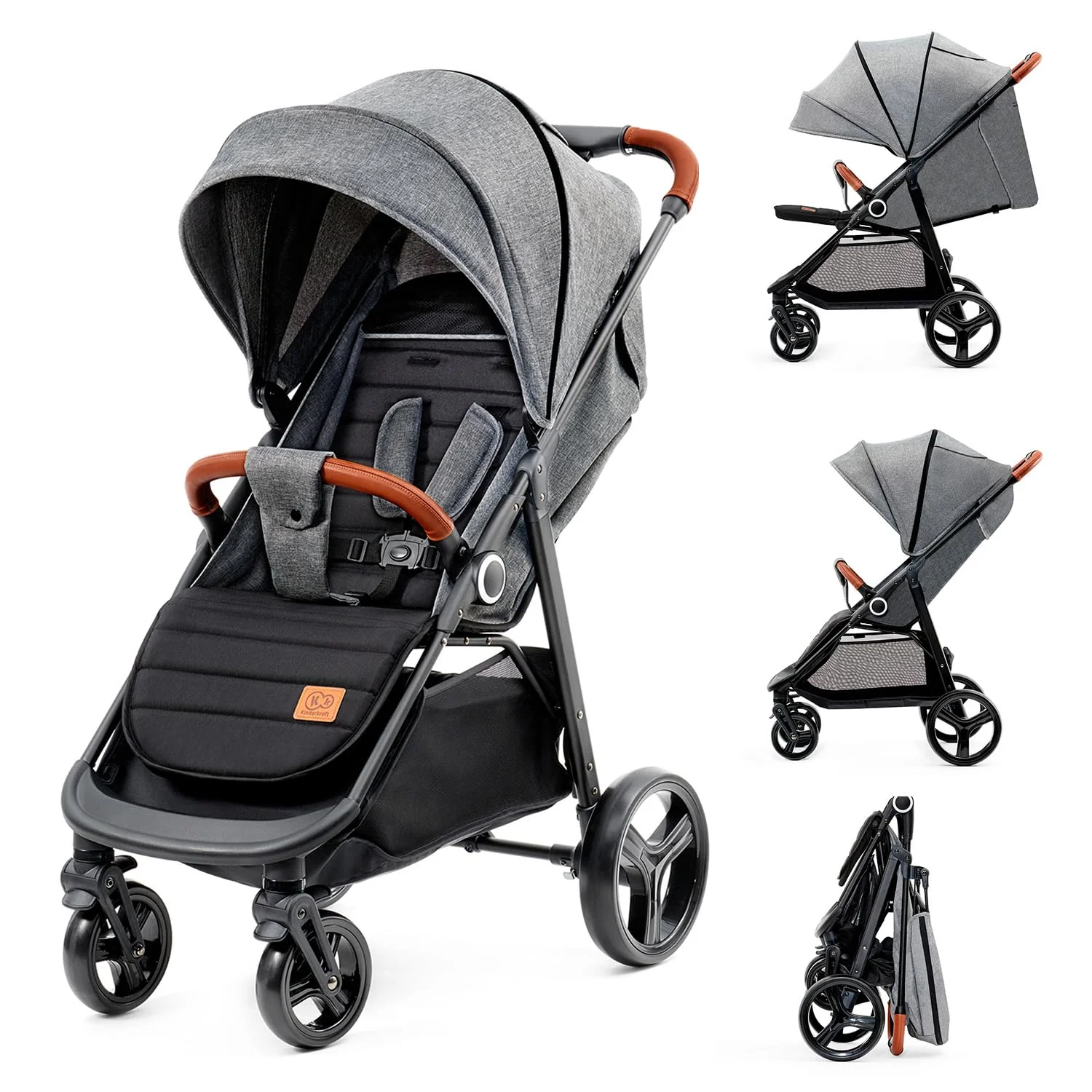 Kinderkraft GRANDE PLUS Kinderkraft buggy von Geburt bis 22 kg, Zusammenklappen mit einer Hand, Liegeposition, gro?es Verdeck mit Fenster, alle 4 R?der ged?mpft, ger?umige Sitz, Grau
