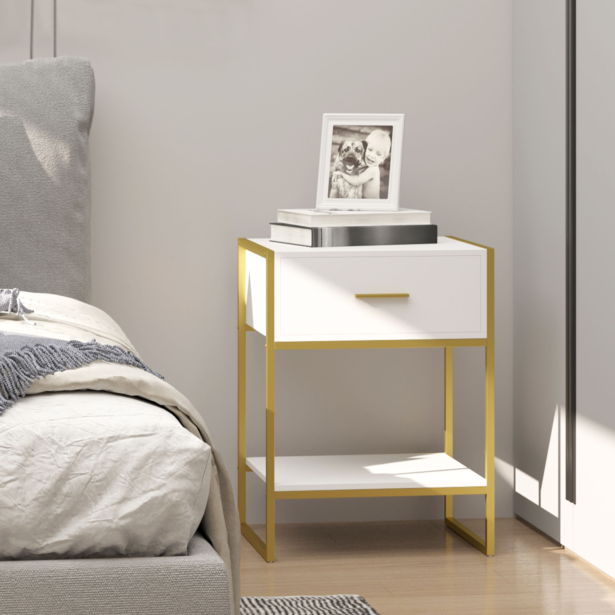 HOMCOM Nachttisch Nachtkommode mit Schublade Regal und Griff Stahlrahmen für Schlafzimmer 45 x 40 x 60 cm weiß