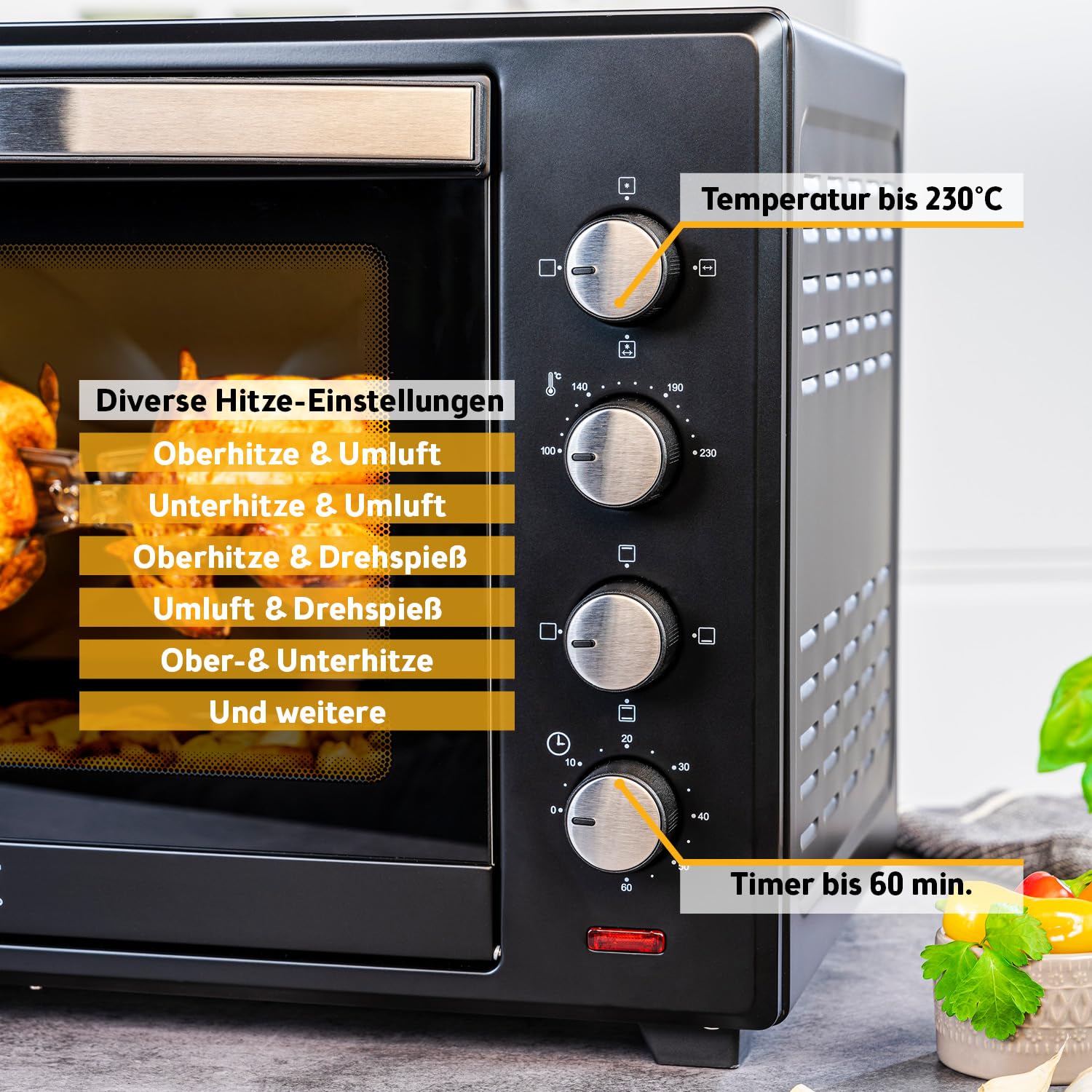 Minibackofen 60 L mit Umluft und Drehspieß, 2000 W, bis 230 °C, 60-Min-Timer, 4 Einschubhöhen, Backblech, Grillrost