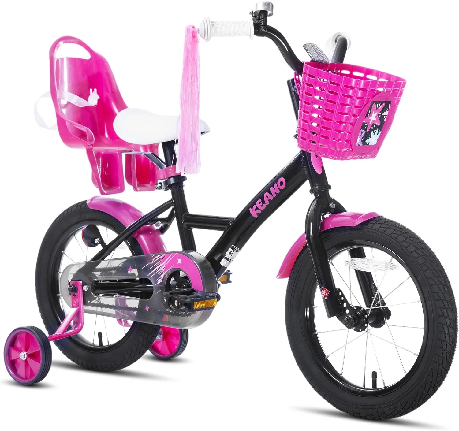 JOYSTAR Fahrrad, 14 Zoll, Schwarz, KEANO Zinnia Kinder für Mädchen von 3-5 Jahren, Mädchen mit Stützrädern & Baket & Luftschlangen