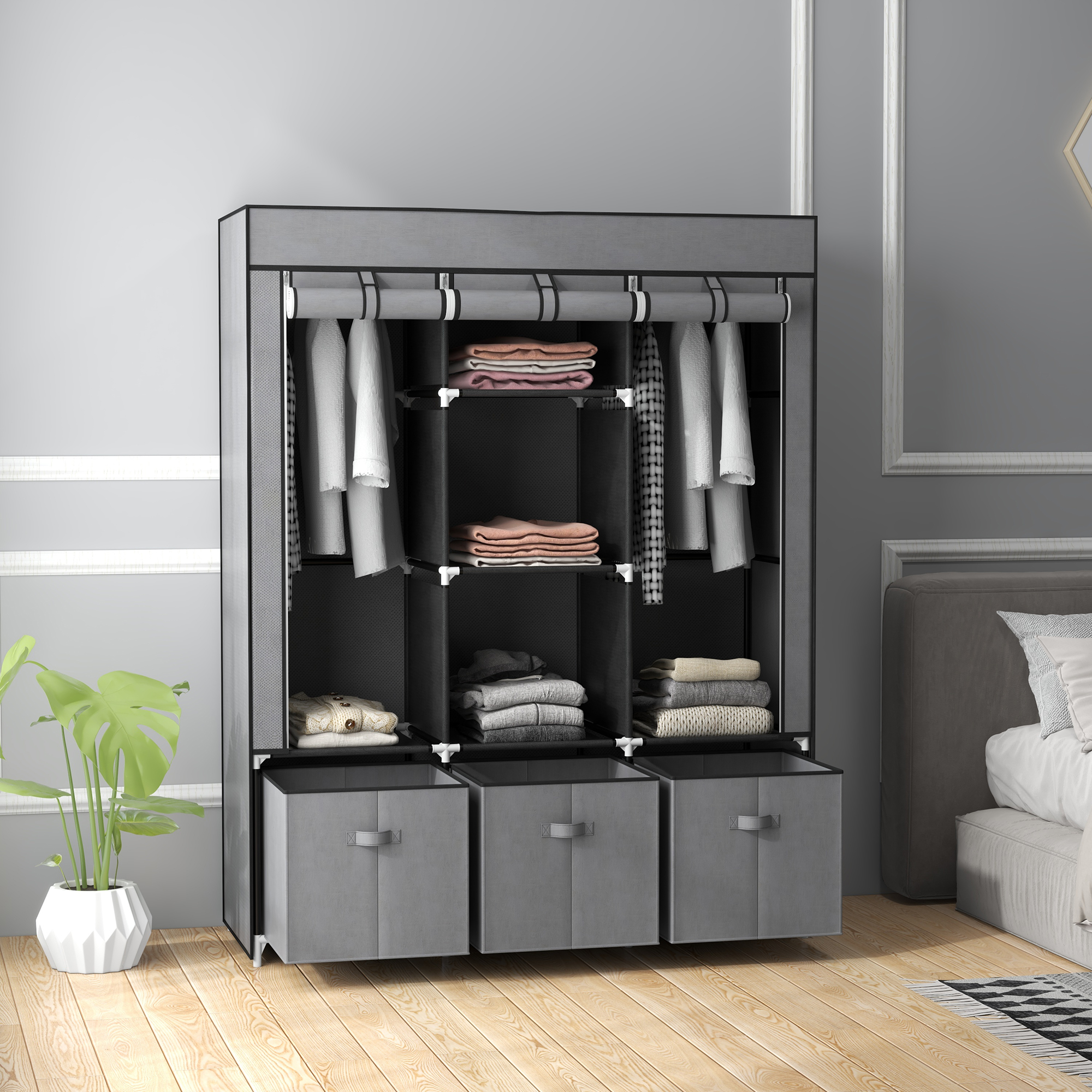 HOMCOM Stoffschrank aus Vlies, Faltschrank, inkl. 3 Schubladen, 125 cm x 43 cm x 162,5 cm, Grau