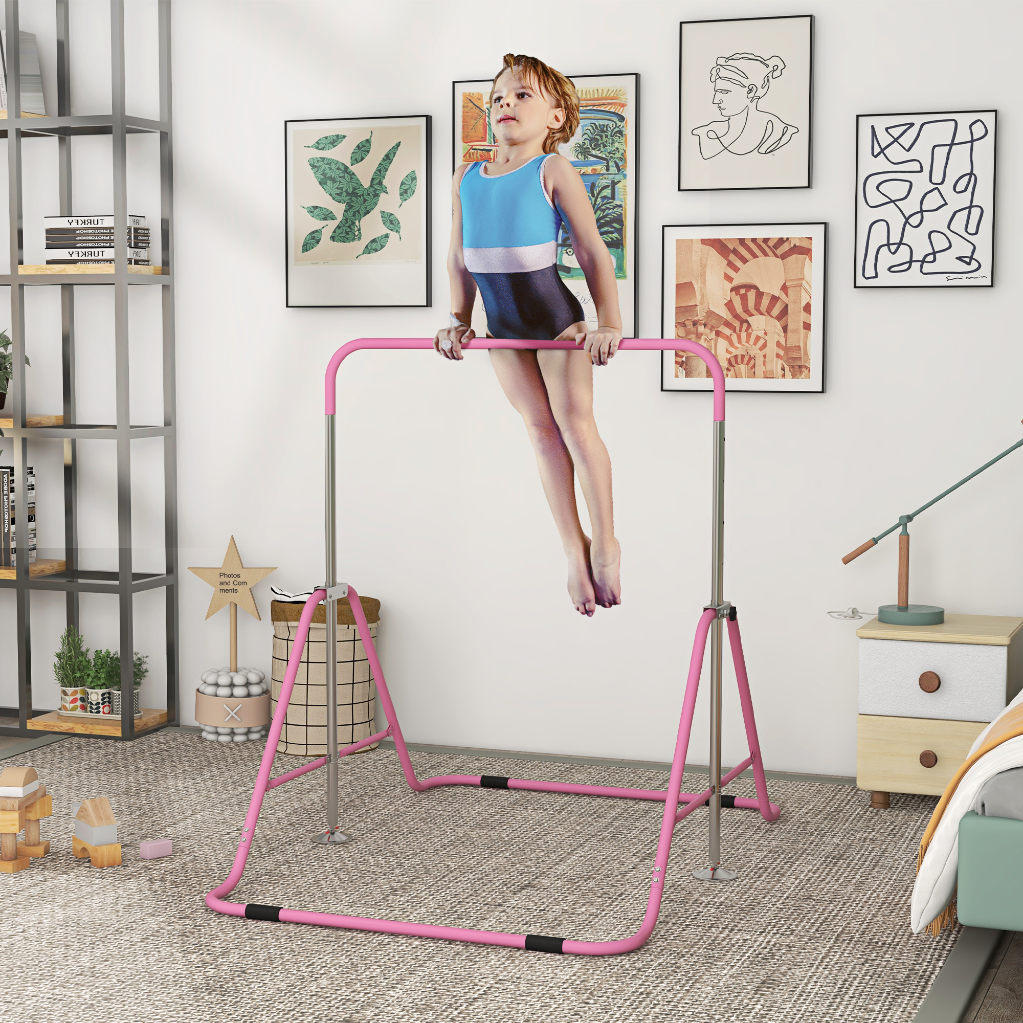 HOMCOM Kinderturnstange für Kinder, klappbar, Höhe verstellbar von 88 bis 128 cm, Rose