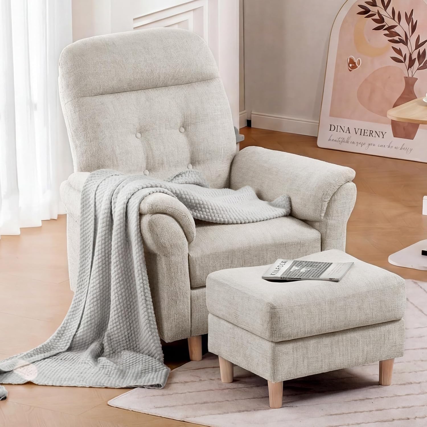 COMHOMA Relaxsessel Fernsehsessel mit Liegefunktion, Liegesessel mit Hocker & 4 Verstellbarer Rückenlehne, Chenille, Beige