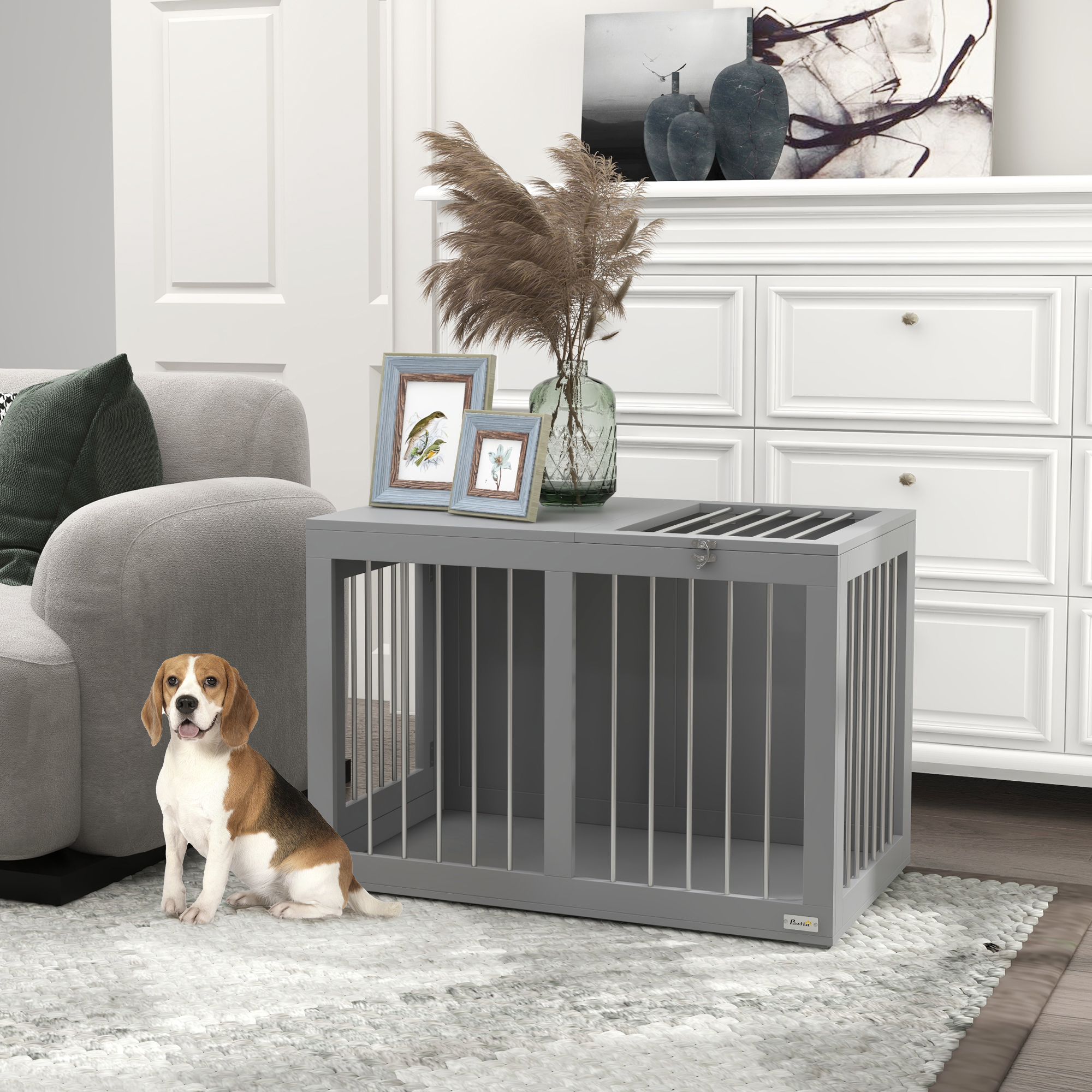 PawHut Hundekäfig Hundebox Hundetransportbox,  2 Türen, verriegelbar, Stahlgitter, 80 cm x 50 cm x 56,5 cm, Grau