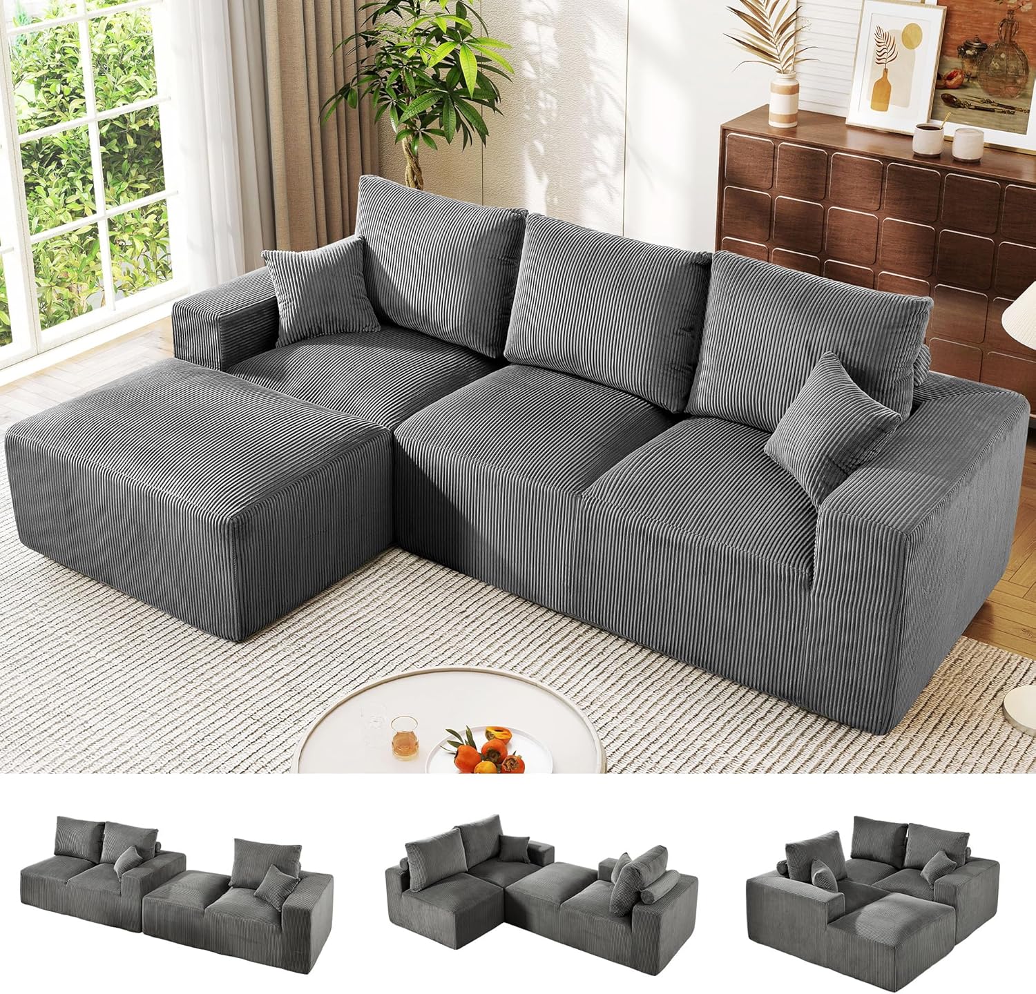 108 Inch Corduroy Cloud Sectional Sofa with Chaise Green