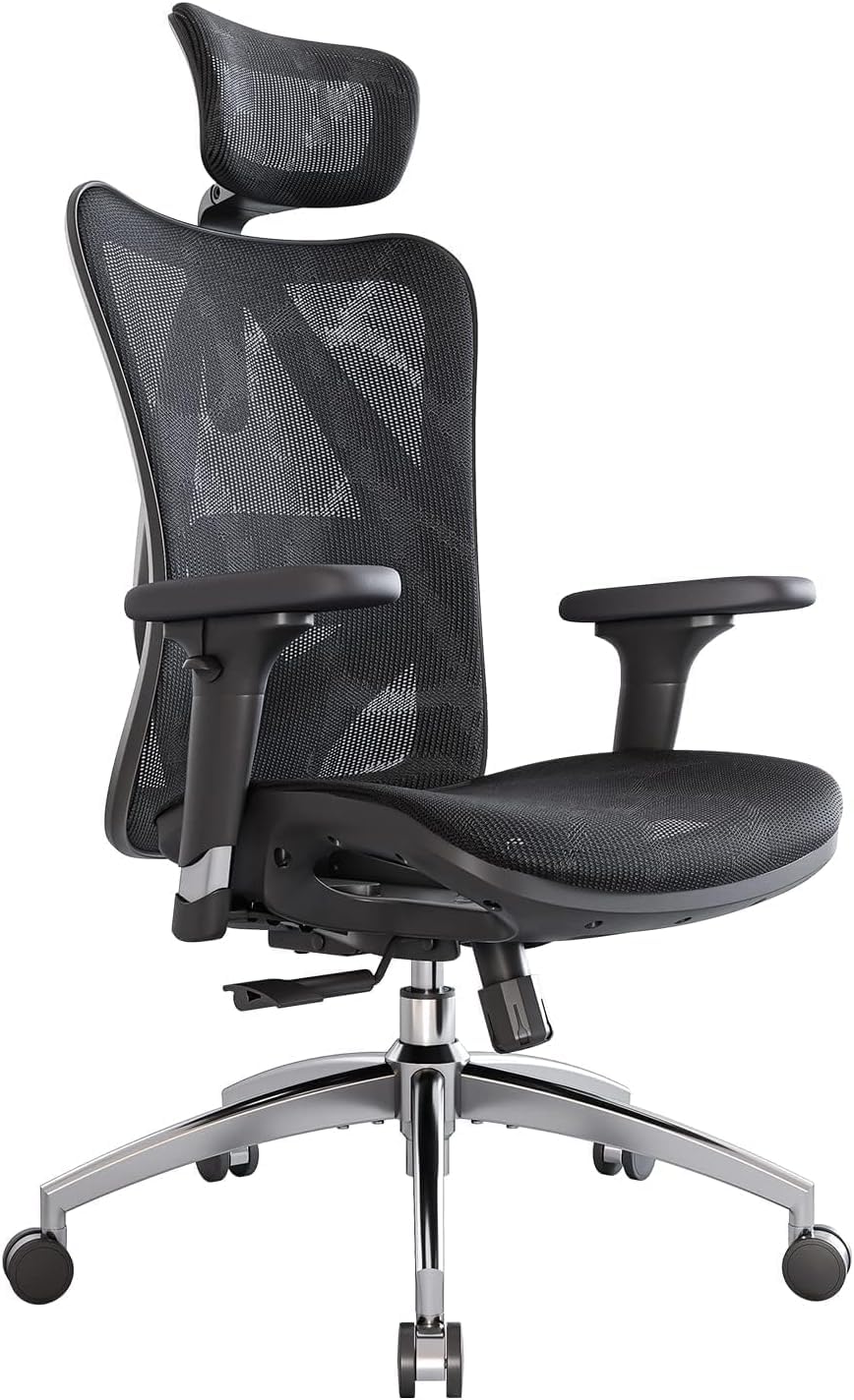 SIHOO M57 Ergo Bürostuhl mit 3D verstellbaren Armlehnen, Lordosenstütze, Netzhochlehne, bis 150kg, schwarz