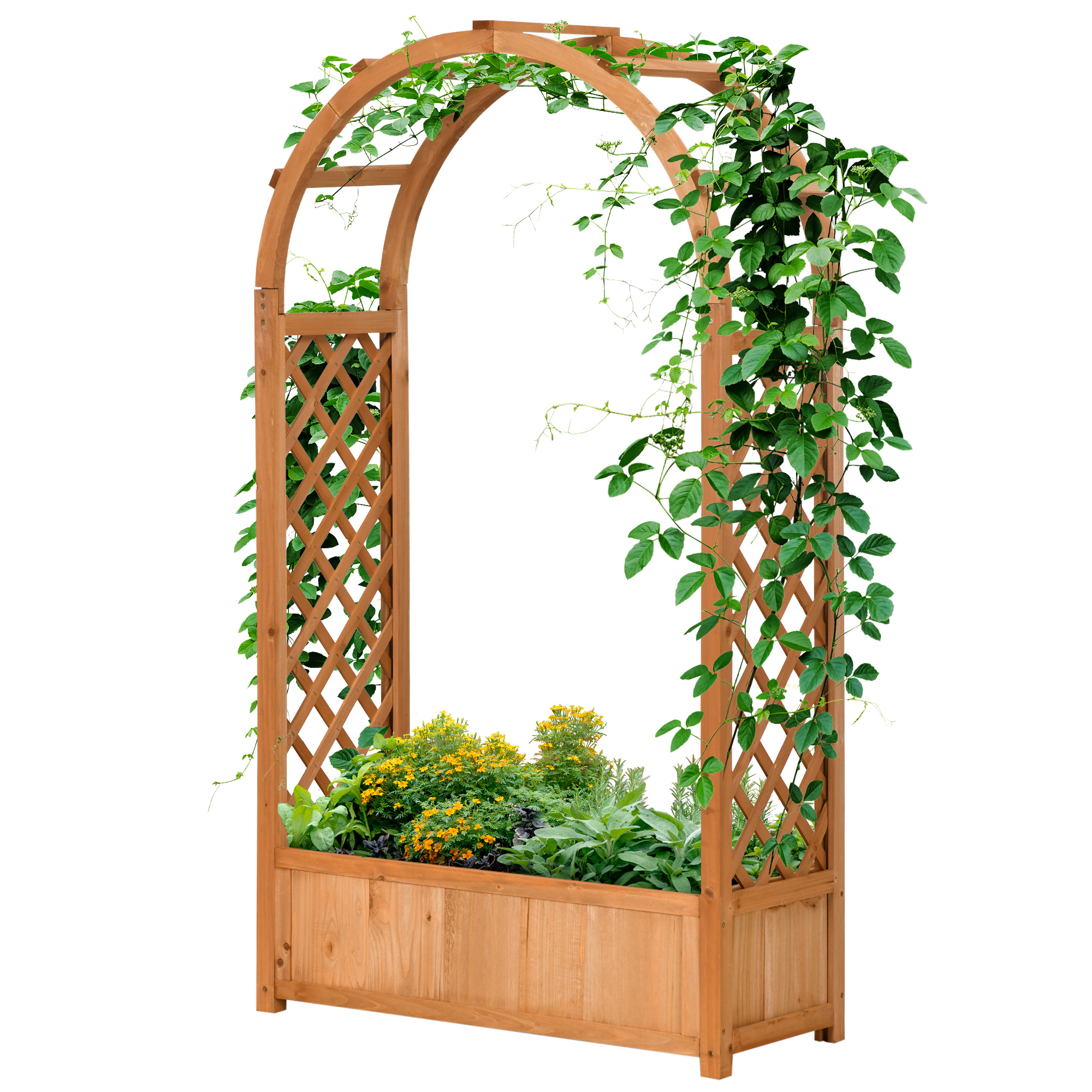 Outsunny Rechteckiges Pflanzgefäß auf Beinen mit Gitter und Bogen - 83 x 36 x 152 cm - Boden aus Holzlatten - vorölte Tannenholz