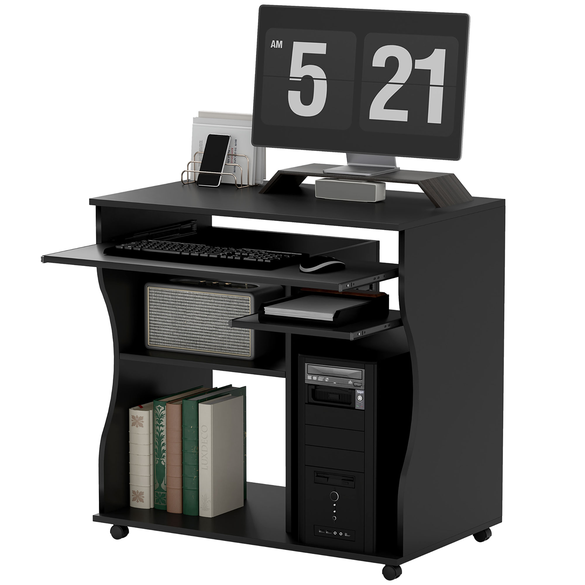 HOMCOM Computertisch mit Rollen, Schreibtisch mit Stauraum, 80 x 48 x 75 cm, Schwarz