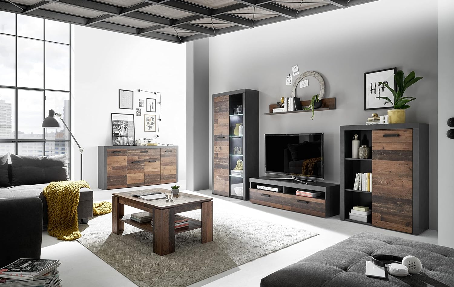 AVANTI TRENDSTORE -Joliet- Sideboard in legno truciolare laminato matera/old style scuro moderno e industriale per salotti LAP 180x93x38 cm. (Cassettiera)