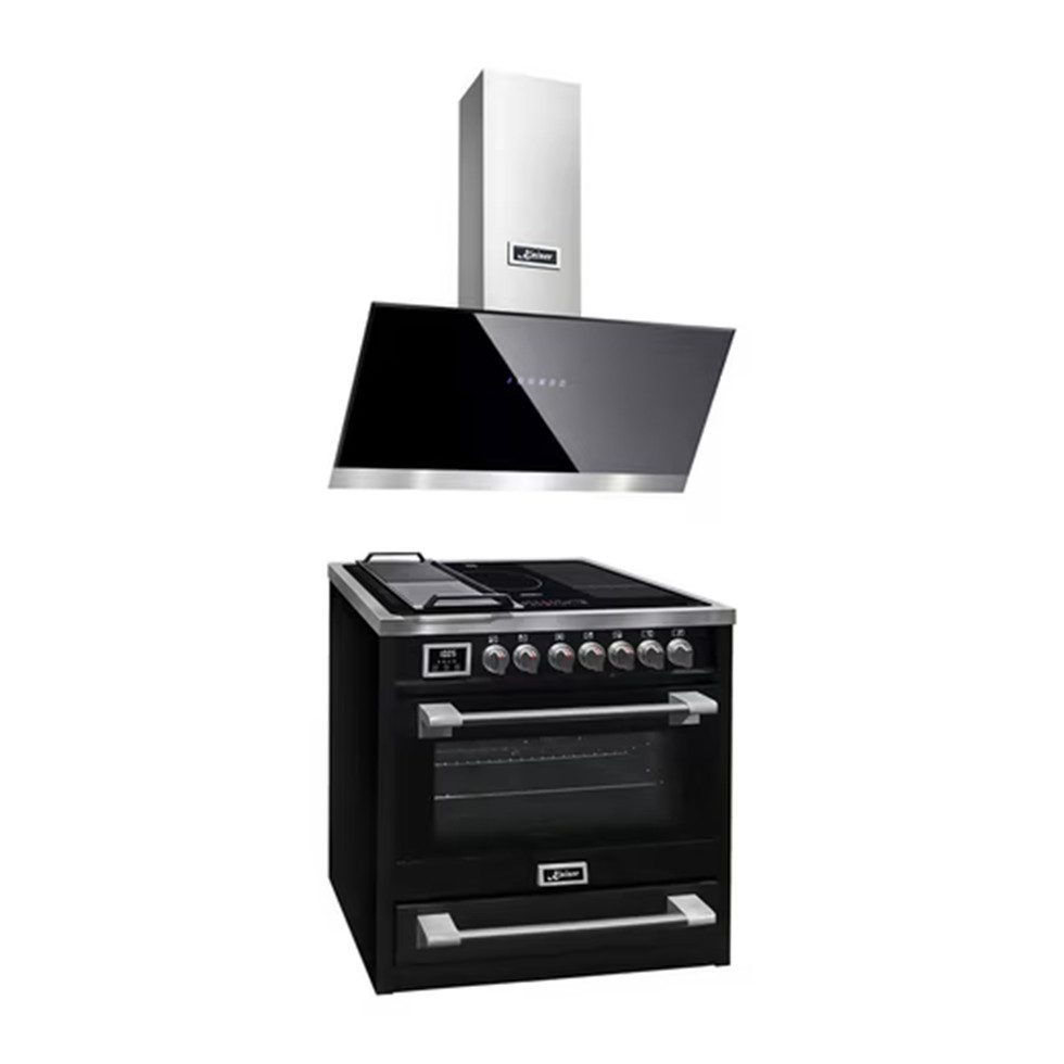 Induktions Herd-Set Elektro Standherd mit Induktionskochfeld 90 cm, 115 L, Schwarz+Exklusive Wandhaube 90 cm, 1250 m³/h+Grillplatte HC 93691 IS+ AT 9440 ECO+Grillplatte