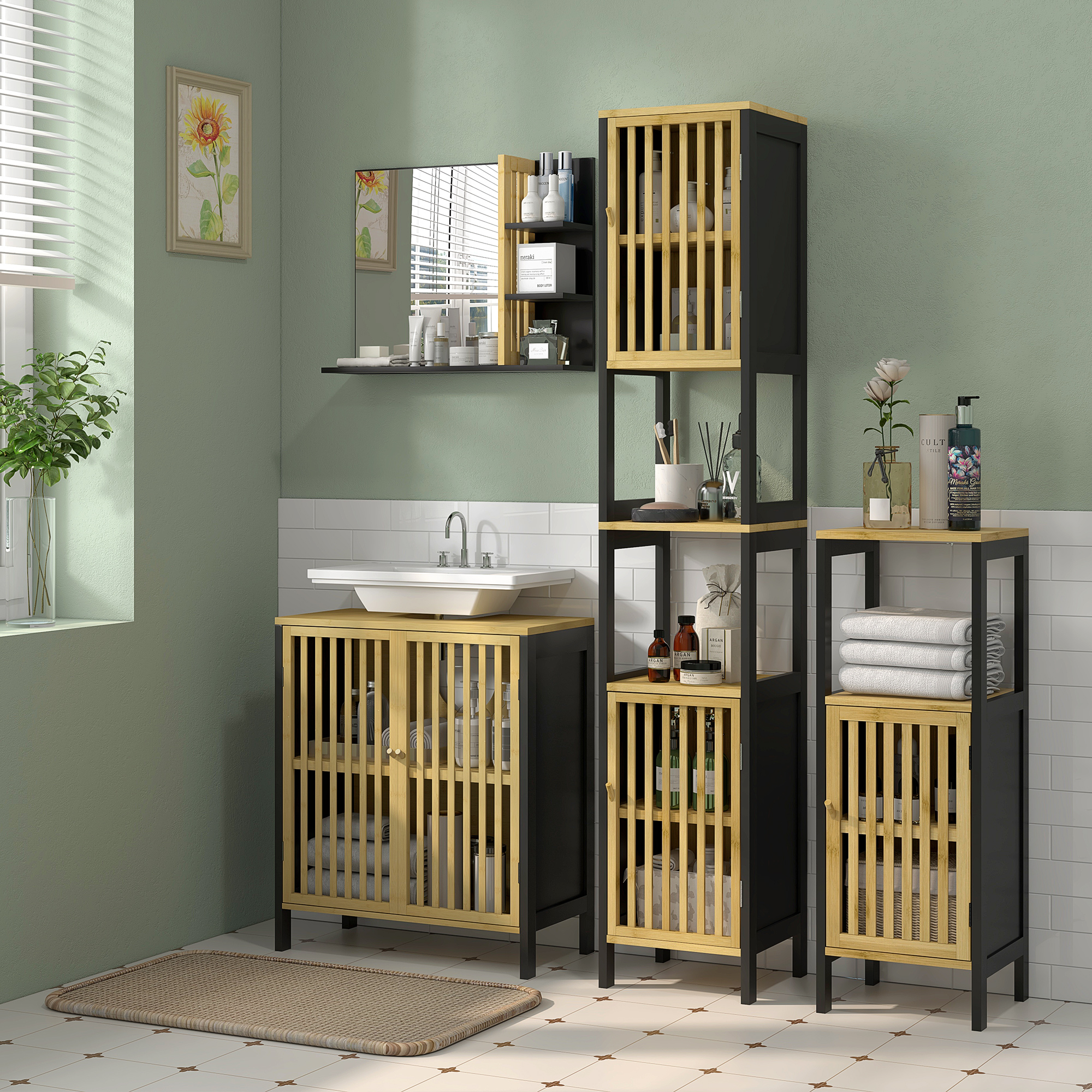 HOMCOM Badezimmerschrank Säule Aufbewahrung bicolore Abm. 30L x 32B x 172H cm 2 Türen mit verstellbarem Regal + 2 Nischen