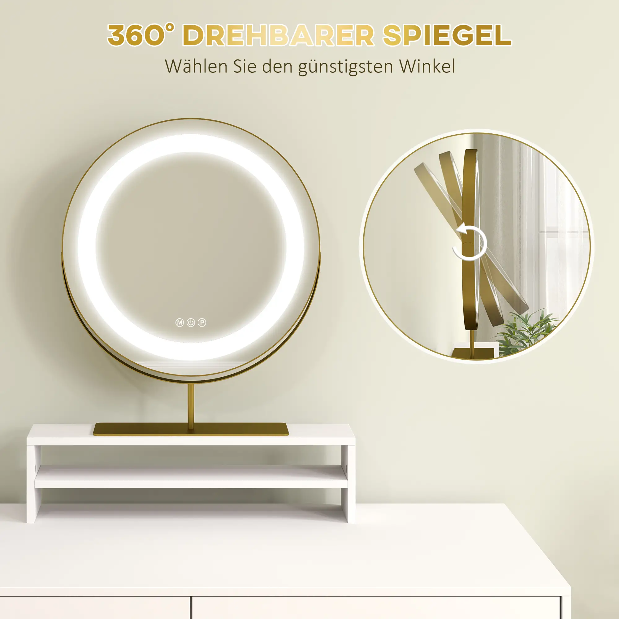 HOMCOM Schminktisch mit LED-Beleuchtung und 360° drehbarem Spiegel Weiß