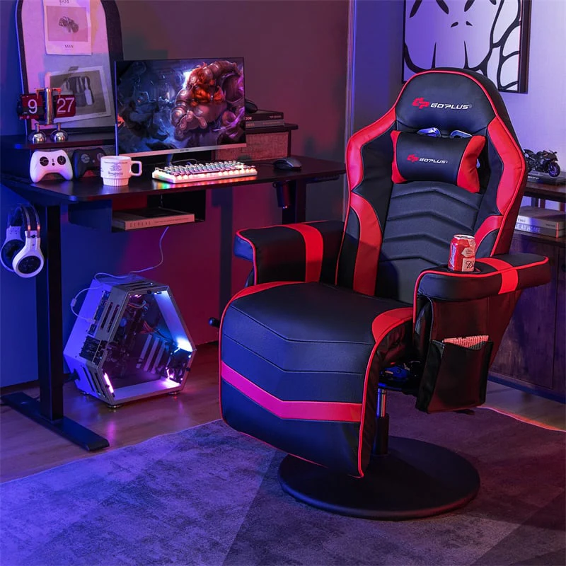 Ergonomic Gaming Recliner Chair with Massage, Retractable Footrest & Cup Holder, Height Adjustable Racing Style Swivel Video Game Chair