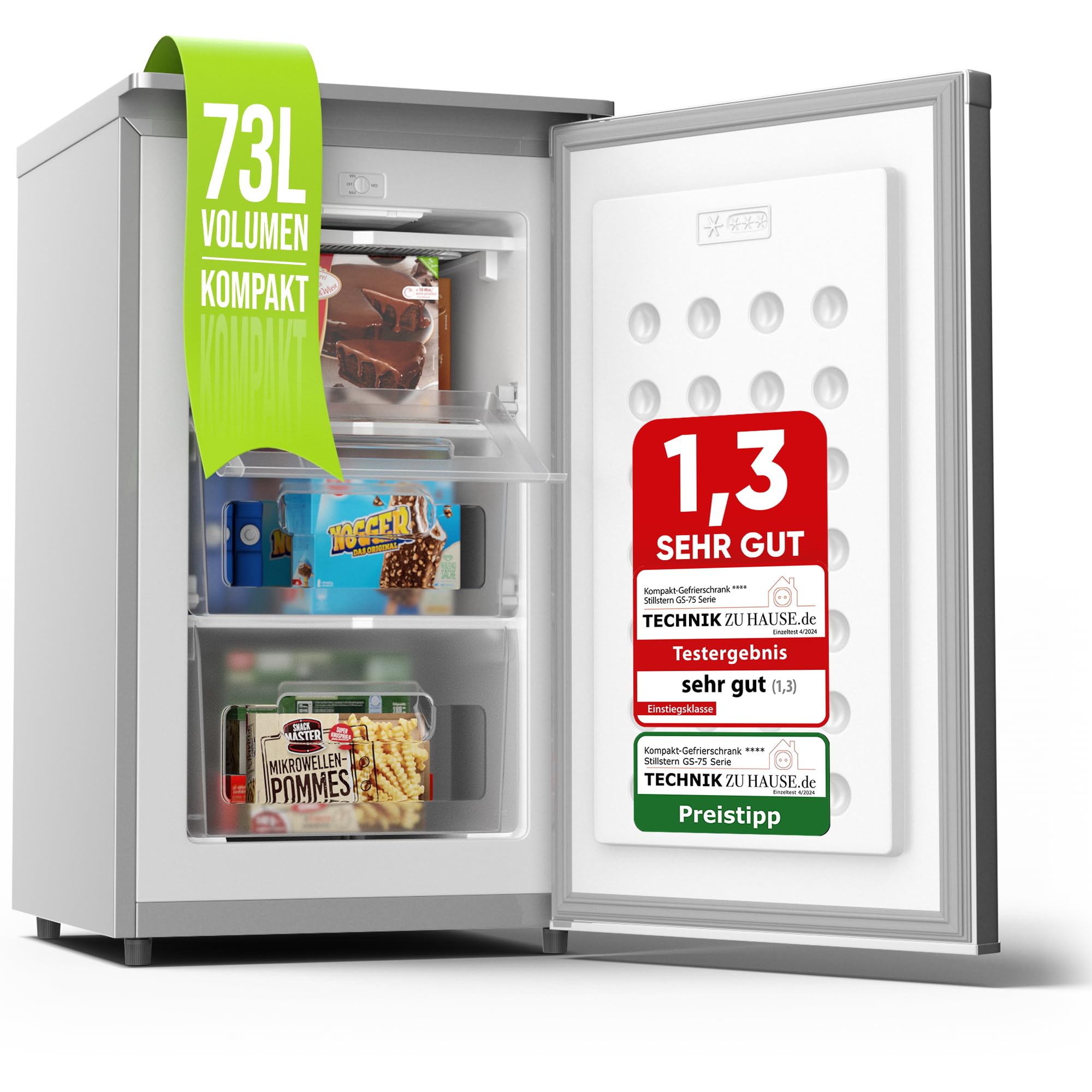 Stillstern Gefrierschrank 73L 4 Sterne Gefrierfach -18°C 3 Fächer regelbare Temp Türanschlag R L R600A Silber