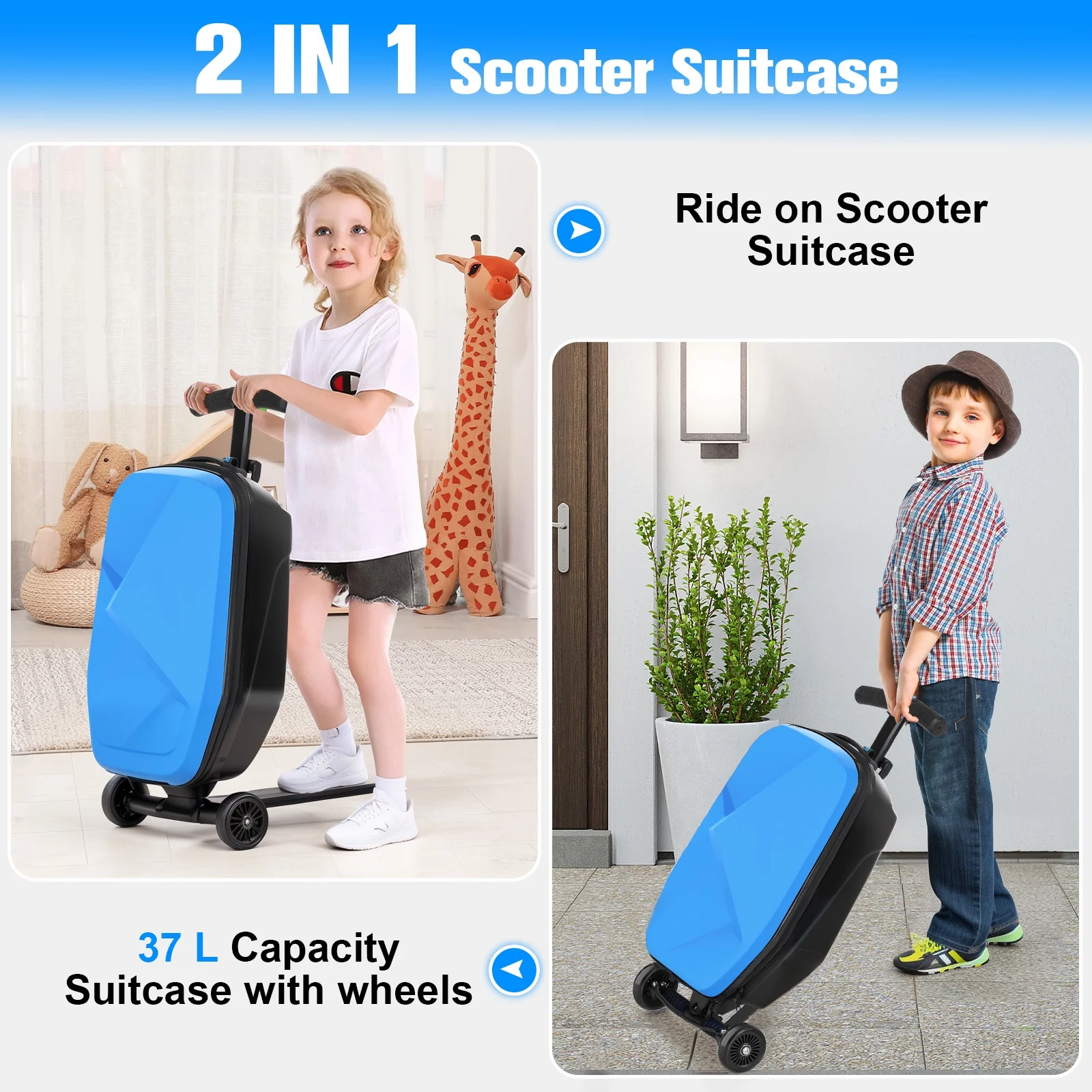 Advwin Scooter Luggage for Kids & Adults, Hardside Ride on Suitcase for Kids Ages 4-15 Multifunctional Lightweight Foldable Carry on Luggage with Wheels Ride on for Children Teenagers, Pink