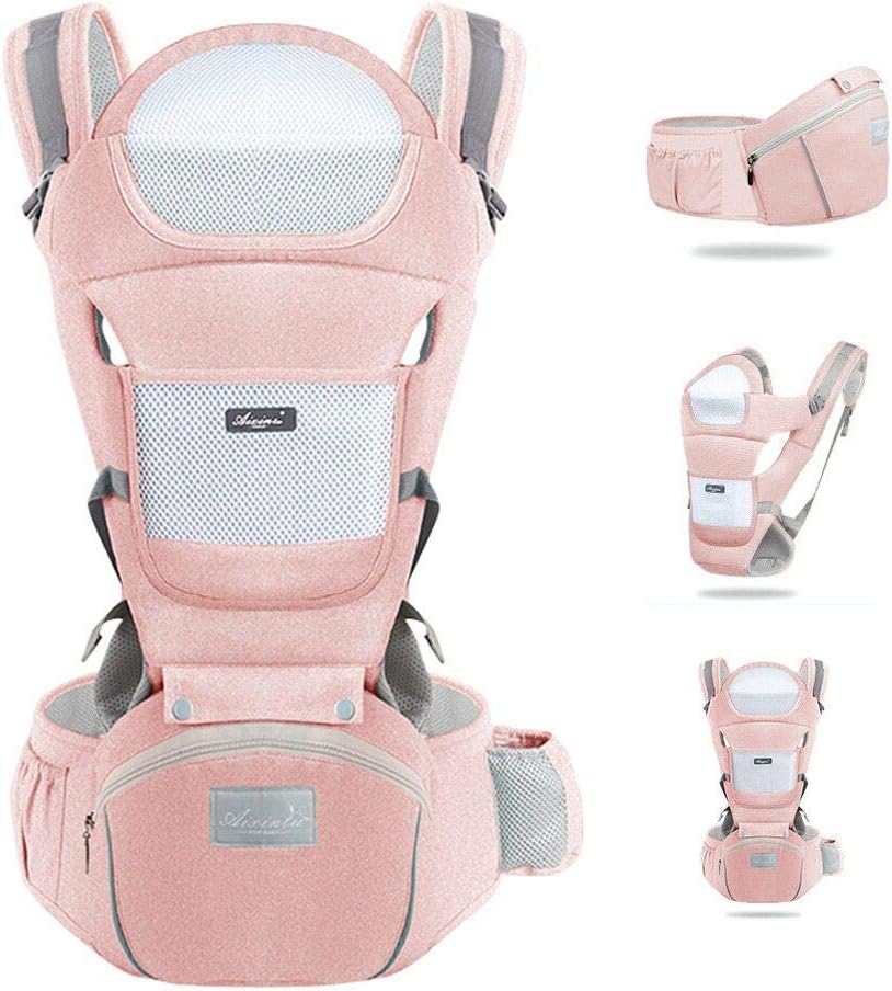 Marsupio Neonati Ergonomico, Porta Bambino da 0-36 Mesi(Inferiore a 25kg) con Sedile Multiposizione, con PoggiaTesta e Cappuccio, Puro Cotone Traspirante Leggero, Grigio