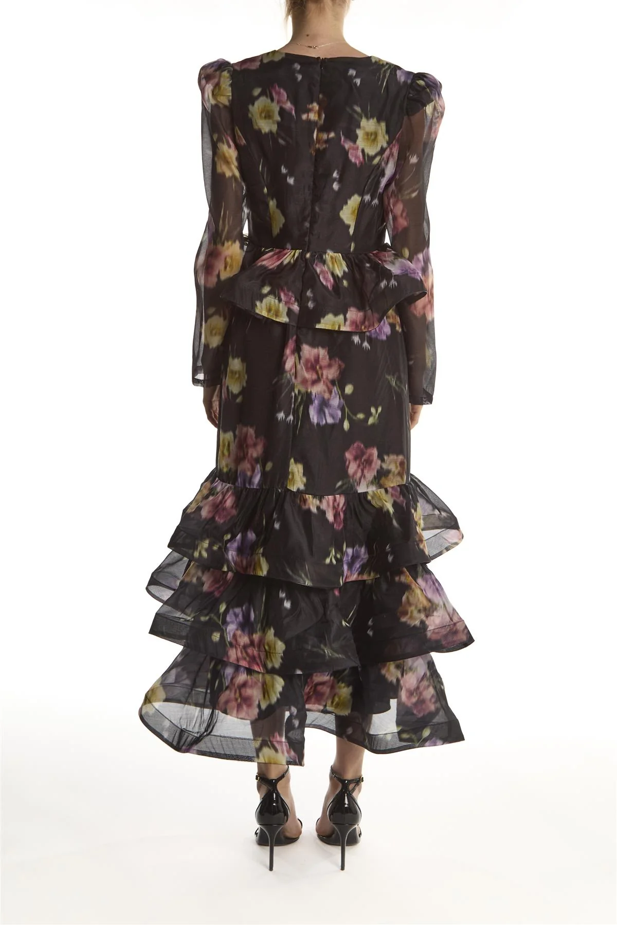 Black Blur Flower Peplum Ruffle Midaxi-Dress