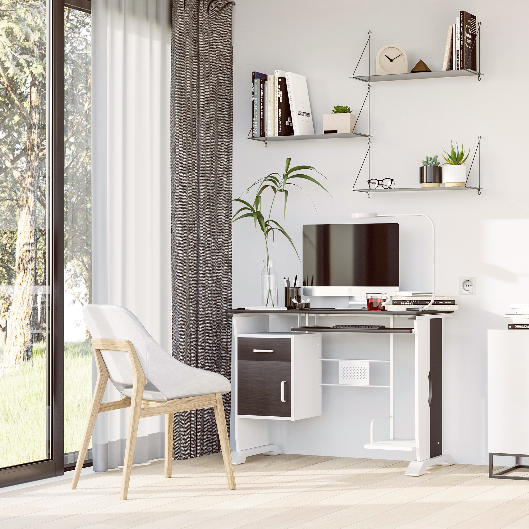 HOMCOM Computertisch mit 1 Schublade, 1 Schrank, 1 Tastaturablage, Schreibtisch. Bürotisch, MDF Schwarznuss+Silber