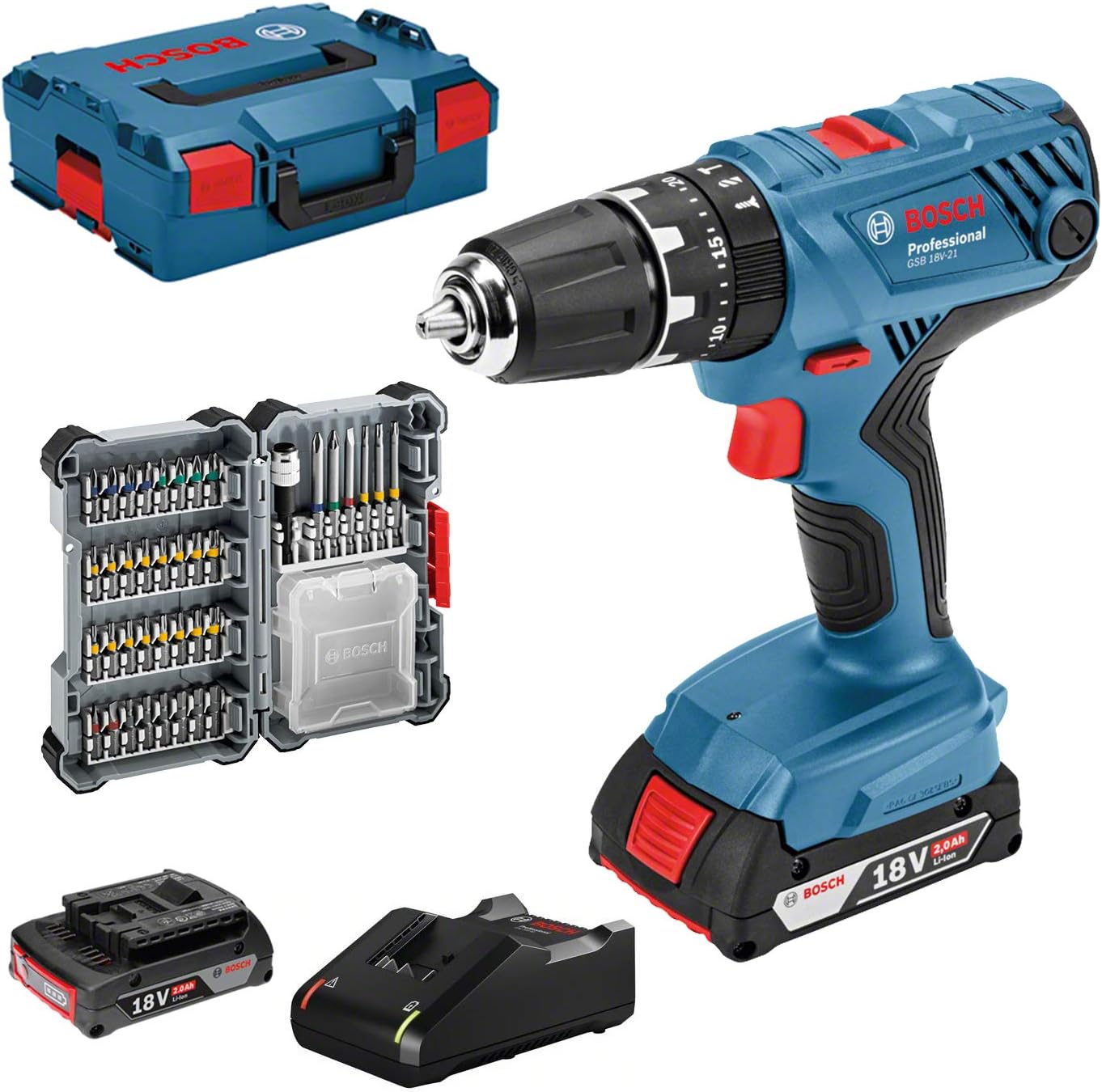 Bosch Professional 18V System Akku Schlagbohrschrauber GSB 18V-21 (inkl. 2x 2.0Ah Akku, 40tlg. Zubehör Set, L-BOXX) - Amazon Exclusive