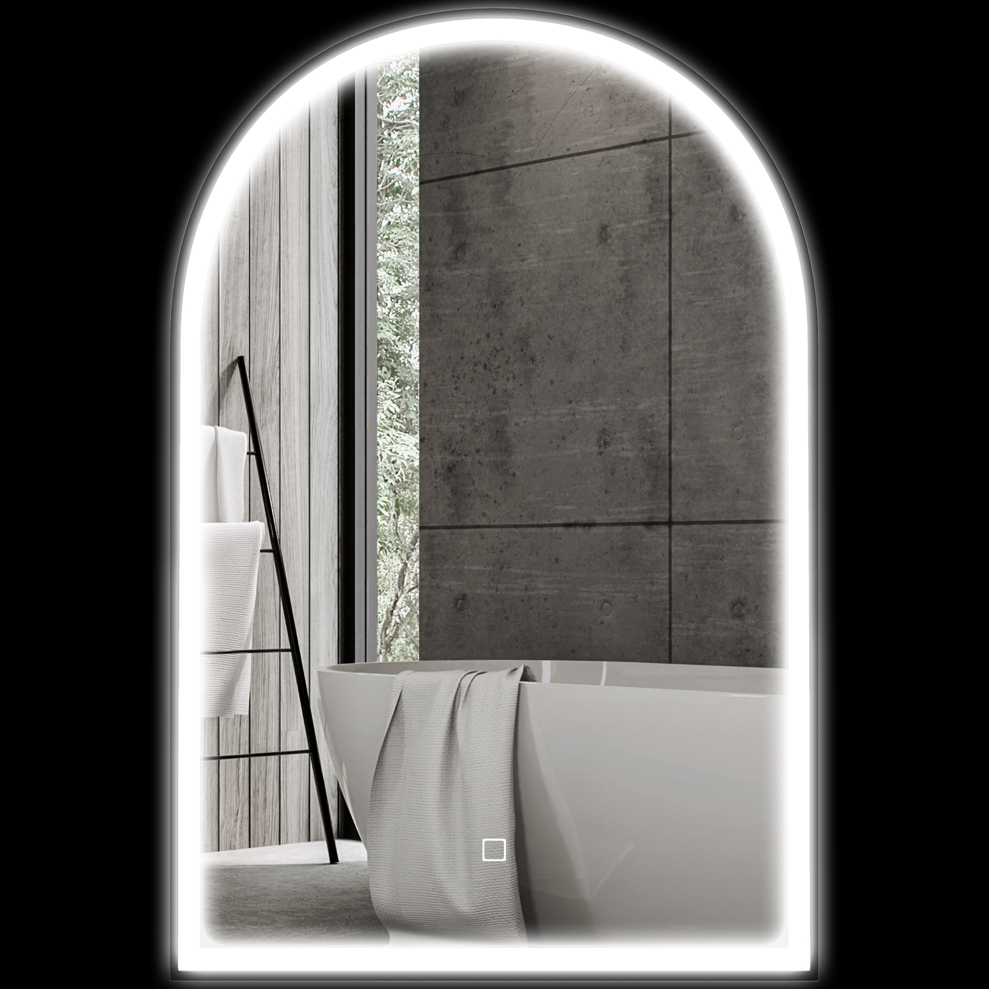 HOMCOM LED Badezimmerspiegel 90 x 60 cm, Wandmontage, 3 Farben, Bogenform, Aluminiumrahmen, Antibeschlag und Touchschalter