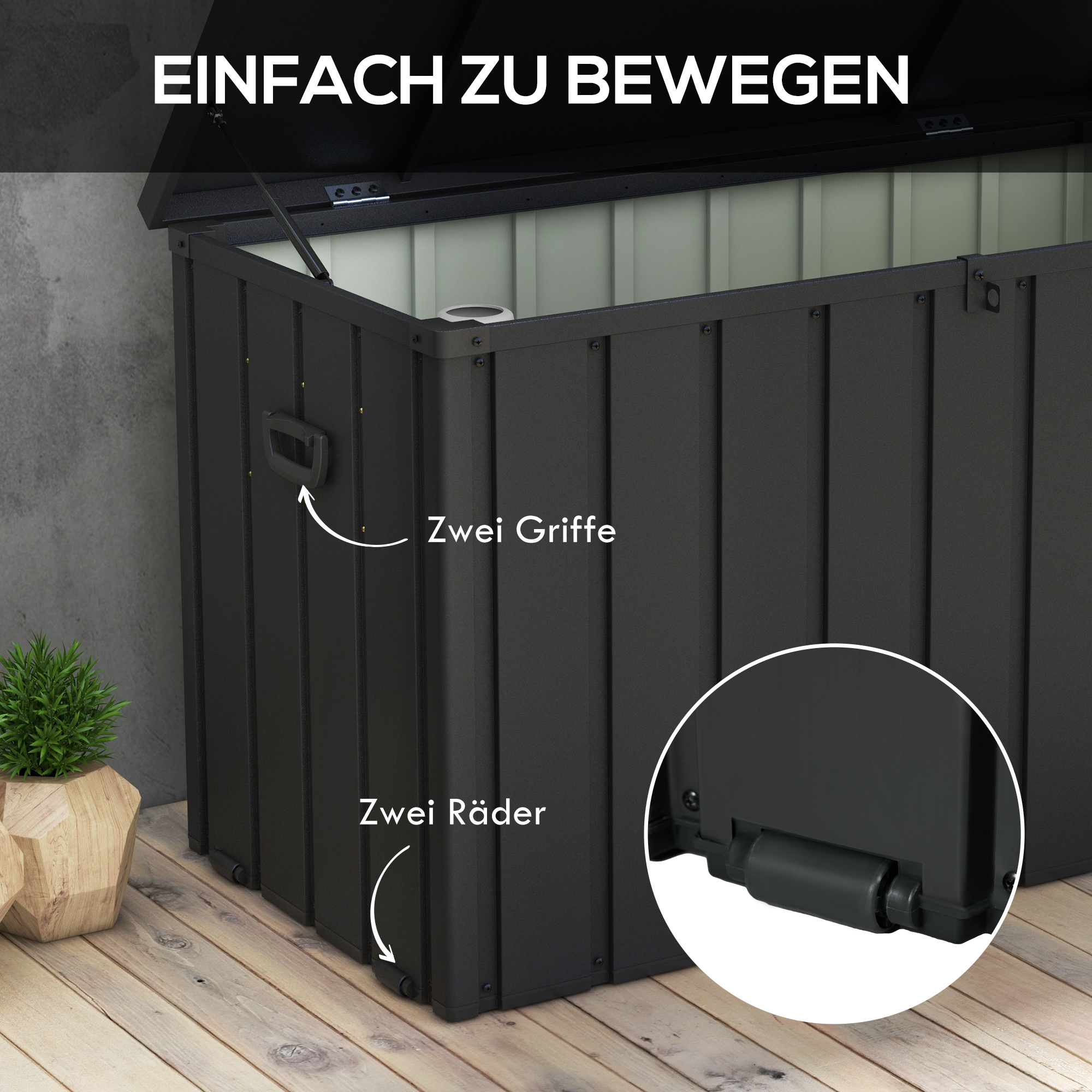 Outsunny Opbergbox, Tuinkist, 450L opbergruimte, 2 wielen, stalen frame, 125x61x70 cm, Donkergrijs