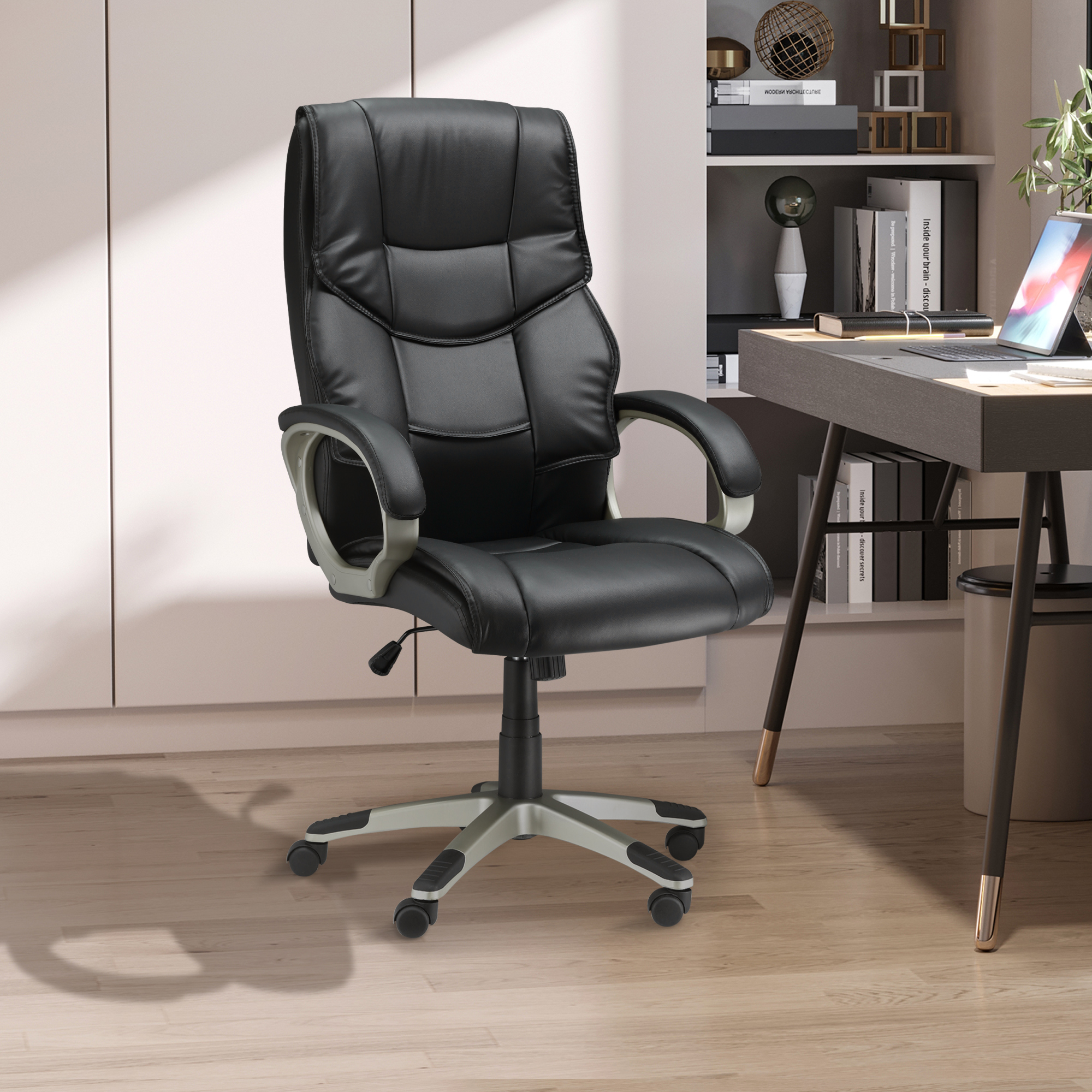 HOMCOM Bürosessel Chefsessel mit Wippfunktion Bürostuhl Schreibtischstuhl Ergonomischer Drehstuhl Sportsitz Hoher Rückenlehne Schwarz Kunsterleder Metall 70 x 58 x 114–124 cm