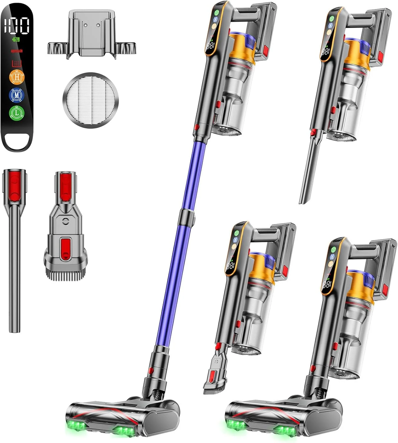 AOLOKO Akku Staubsauger, 48000Pa/550W/70Mins Staubsauger Kabellos mit 1,8L Großer Staubbecher, Wandmontierte Ladestation, 8-stufiges Filtersystem, Grünes Licht für Hartböden Teppiche Tierhaare
